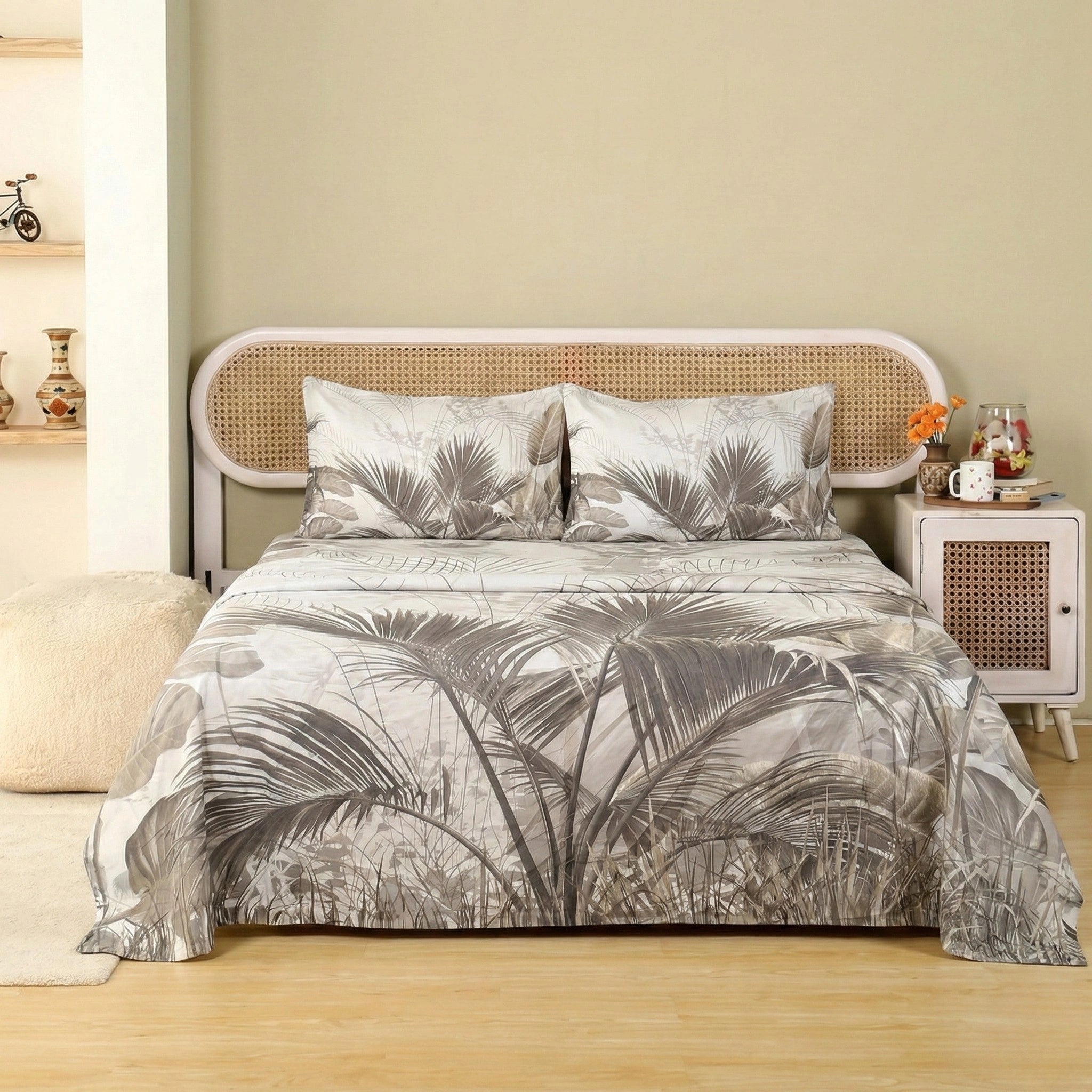 Beige Botanical Cotton Sateen Bedsheet Set – Smooth & Luxurious Feel