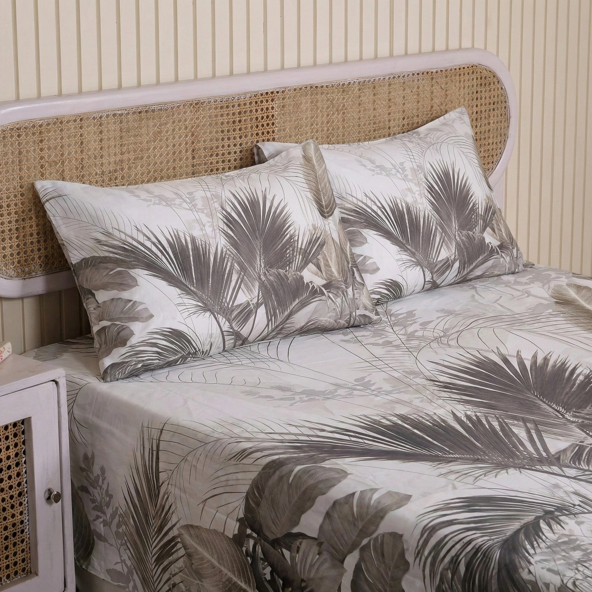 Beige Botanical Cotton Sateen Bedsheet Set – Smooth & Luxurious Feel