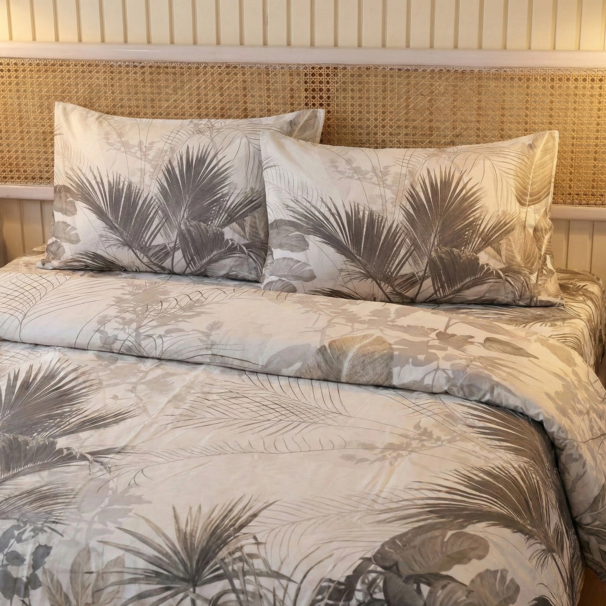 Beige Botanical Cotton Sateen Bedsheet Set – Smooth & Luxurious Feel