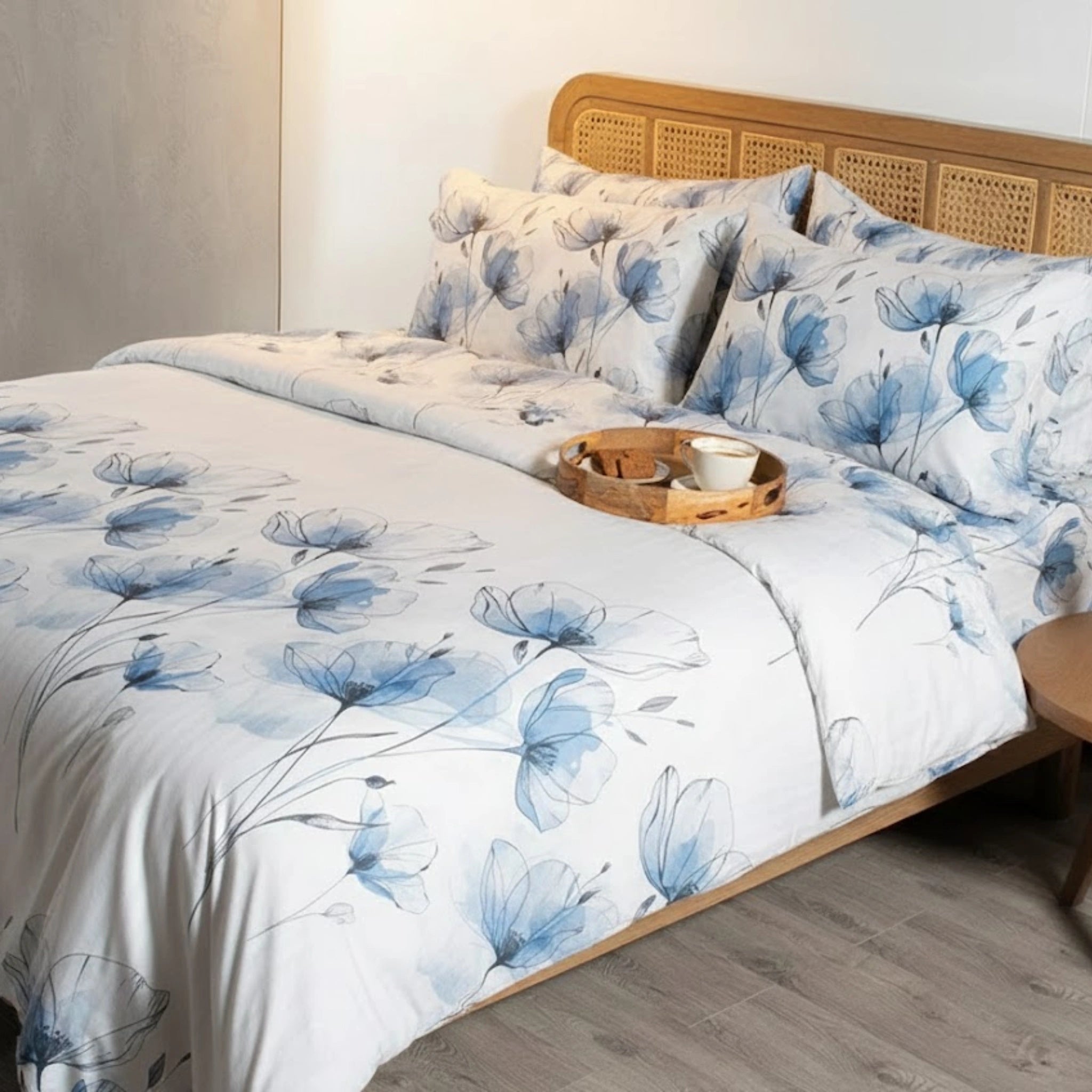 Sky Blossom Cotton Bedding | 1 Sheet & 2 Pillowcases for Elegant Comfort