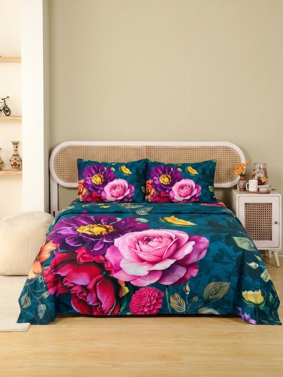 Teal Bloom — 3 Piece Bedsheet Set