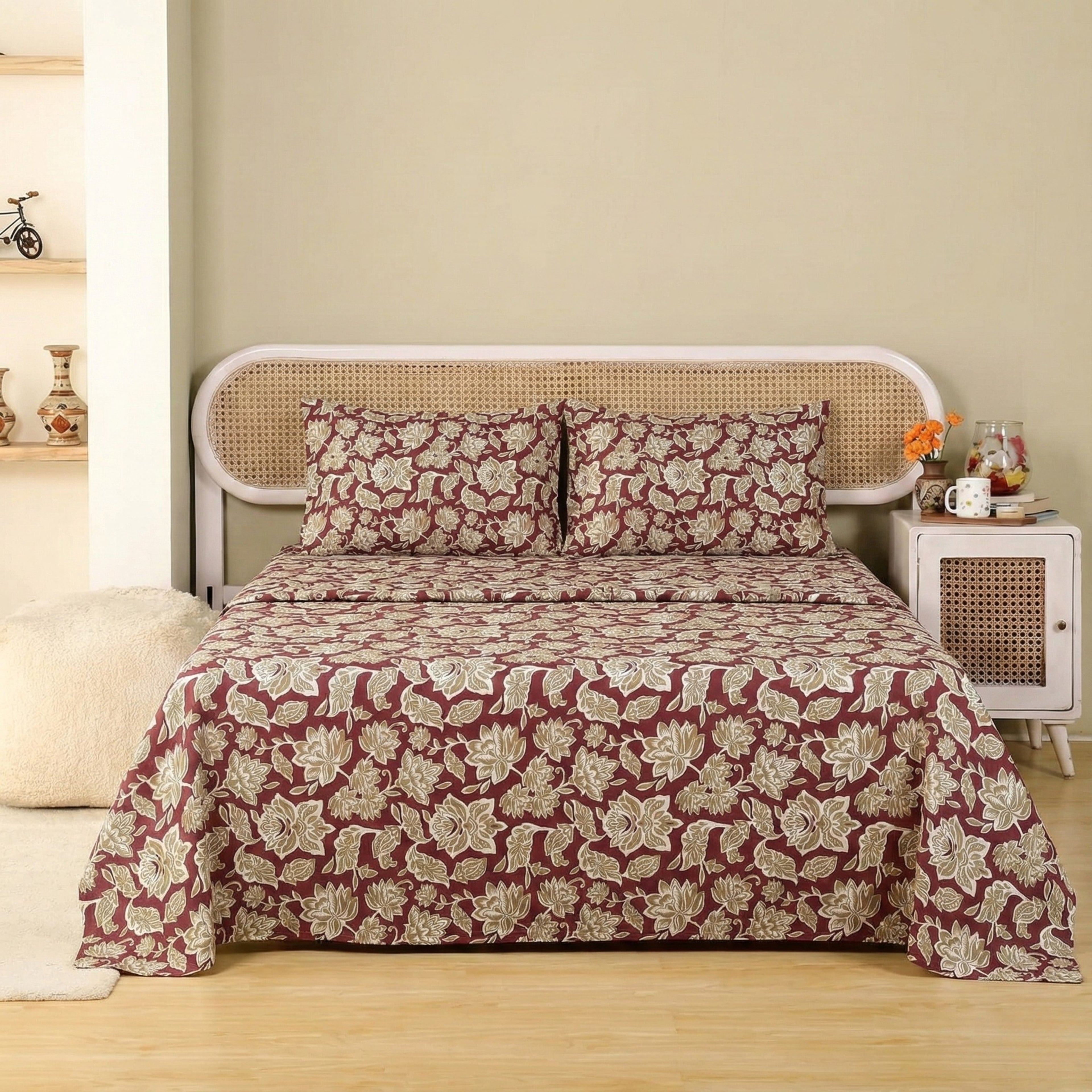 Classic Red and Gold Floral Bedding Set – Premium Cotton Sateen for a Luxurious Bedroom