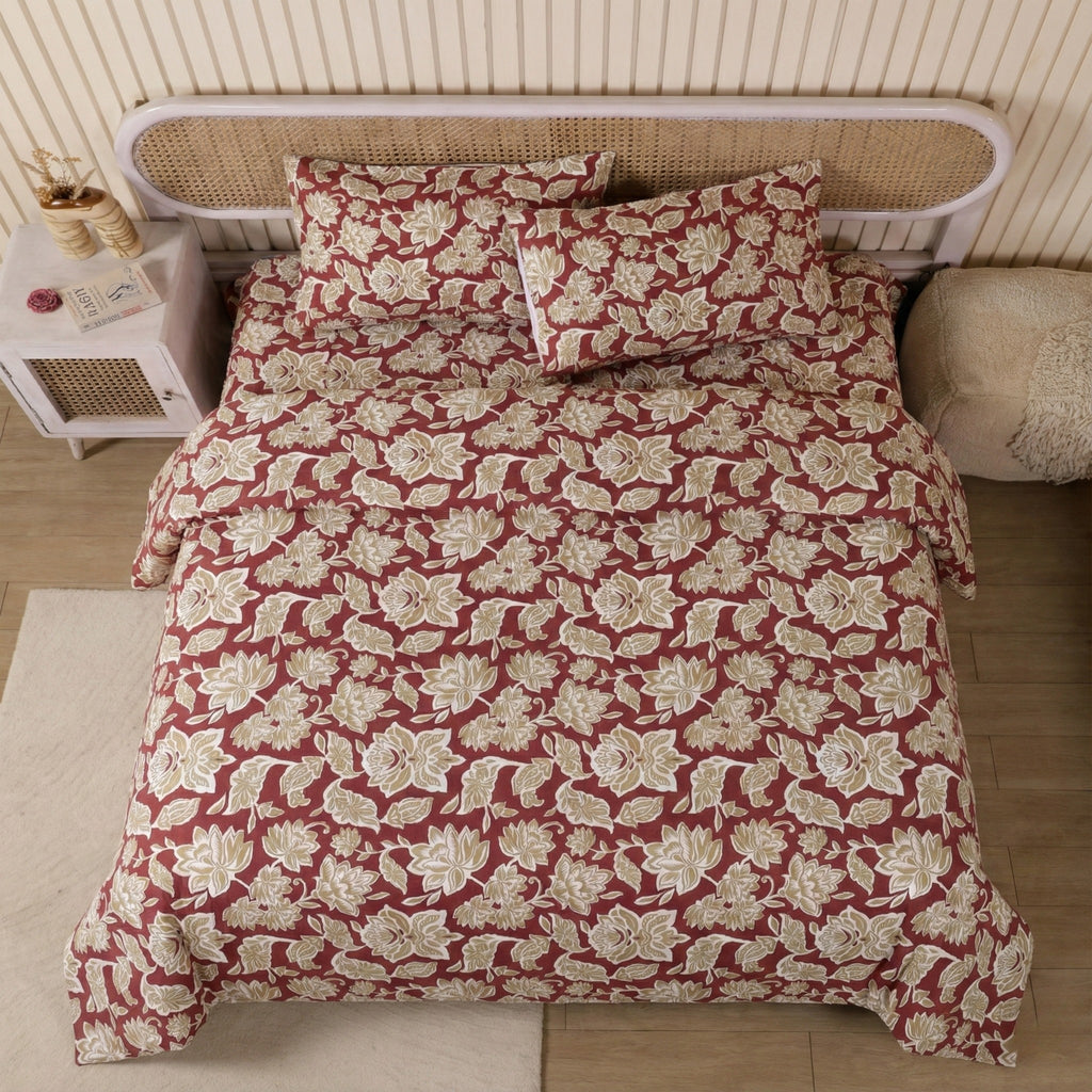 Classic Red and Gold Floral Bedding Set – Premium Cotton Sateen for a Luxurious Bedroom