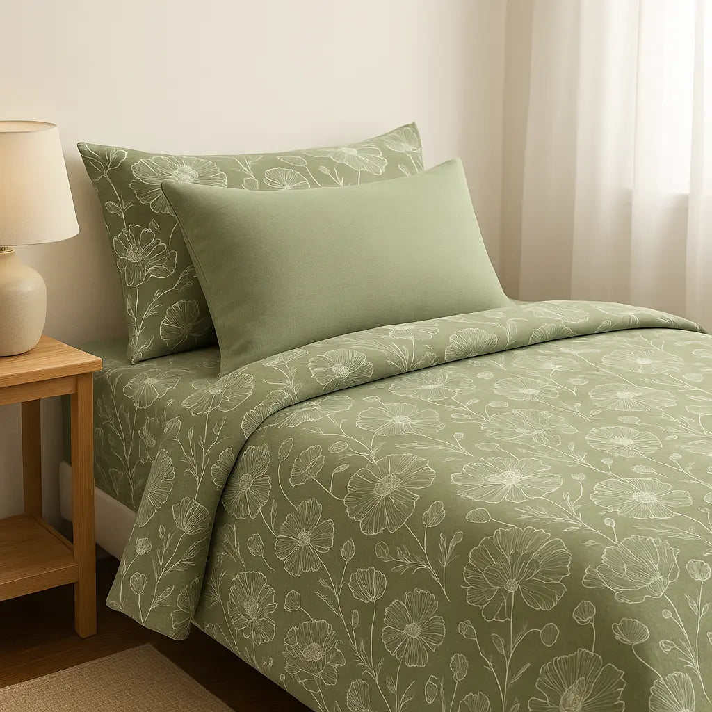 Sage Green Floral 100% Pure Cotton Bed Sheet Set – Premium Edition