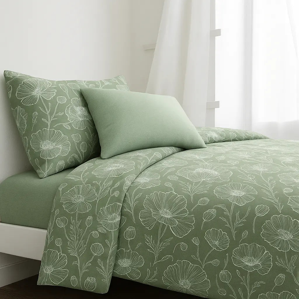 Sage Green Floral 100% Pure Cotton Bed Sheet Set – Premium Edition