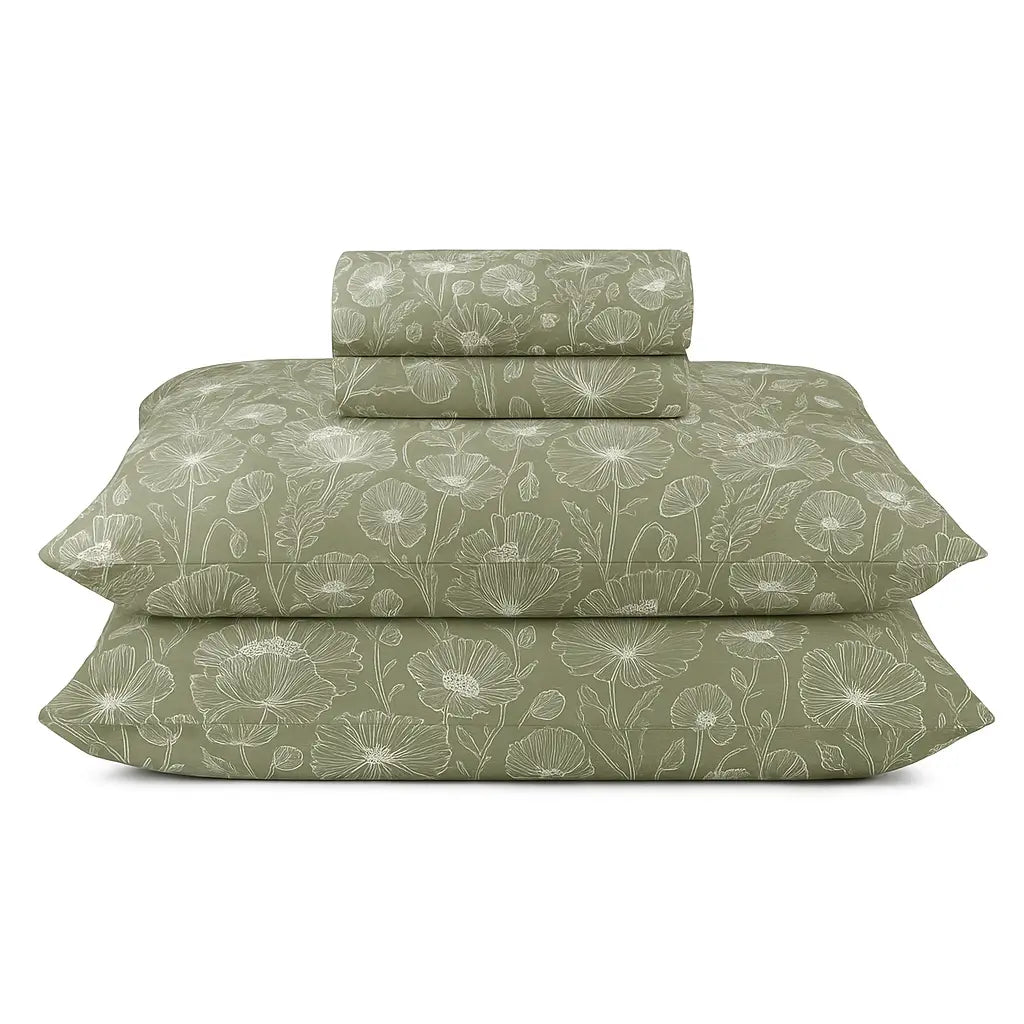 Sage Green Floral 100% Pure Cotton Bed Sheet Set – Premium Edition