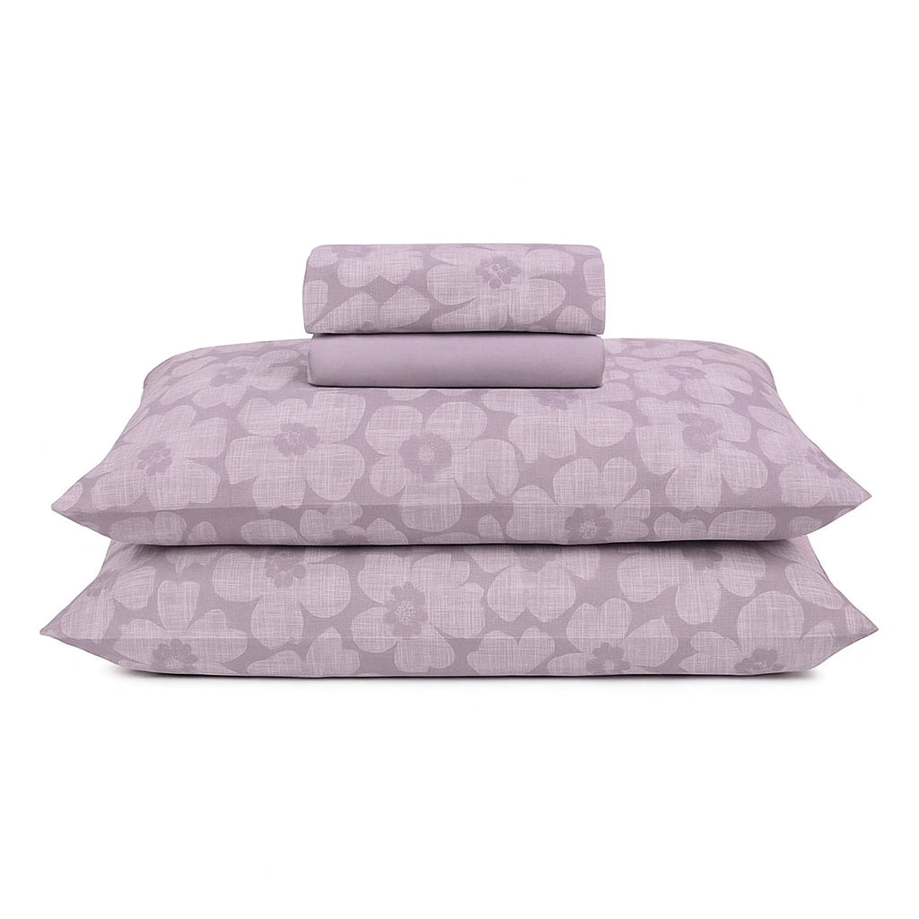 Lilac Floral 100% Pure Cotton Bed Sheet Set – Premium Edition