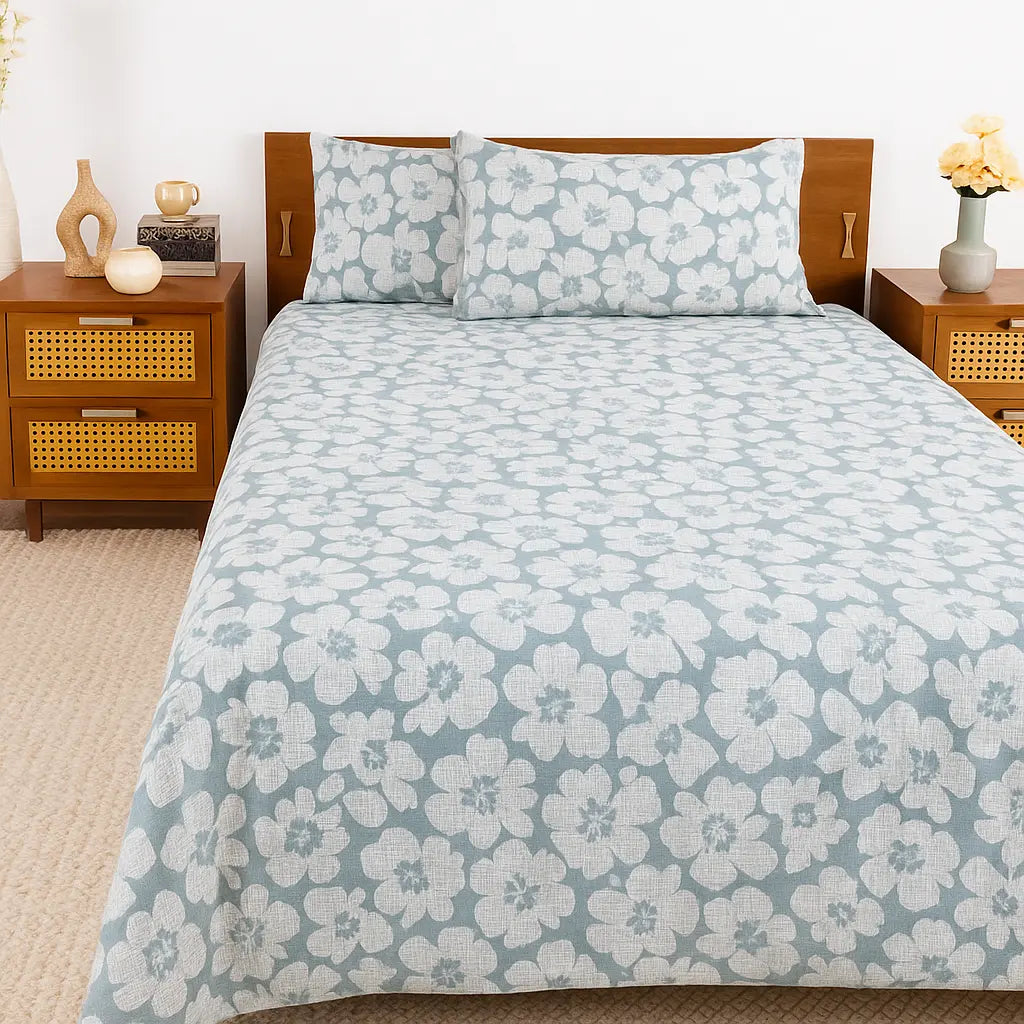 Light Blue Pattern 100% Pure Cotton Bed Sheet Set – Premium Edition