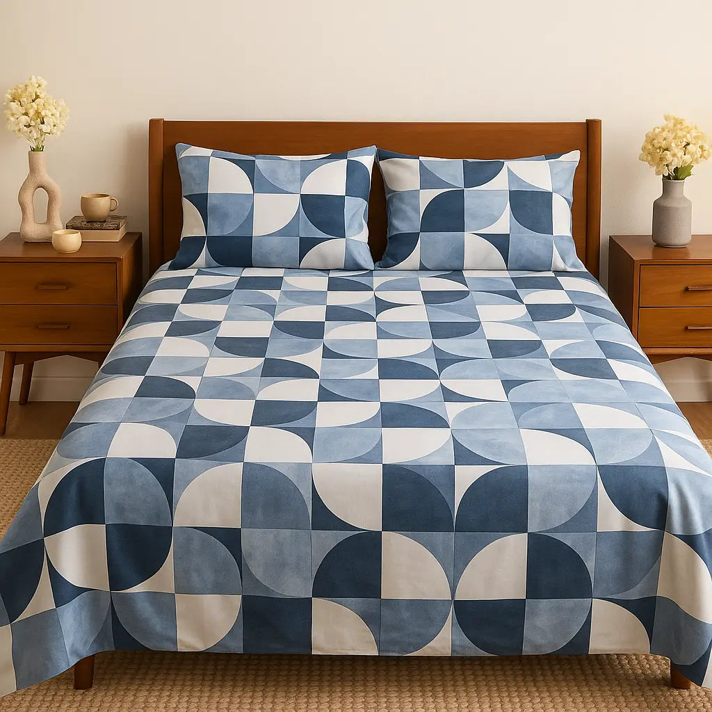 Blue & White Geometric Bed Sheet Set – Modern Design & Ultimate Comfort