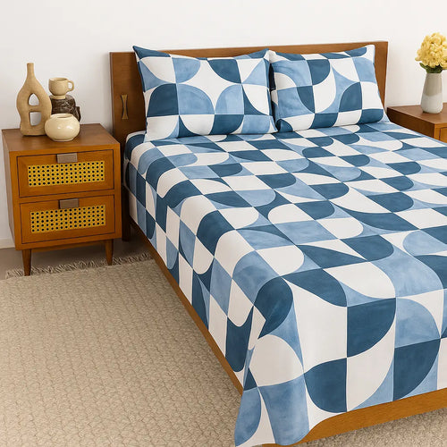 Blue & White Geometric Bed Sheet Set – Modern Design & Ultimate Comfort