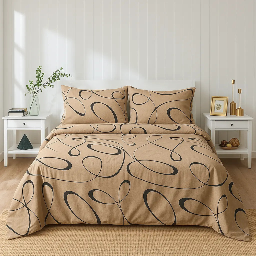 Beige Noir Swirl 100% Pure Cotton Bed Sheet Set – Premium Edition