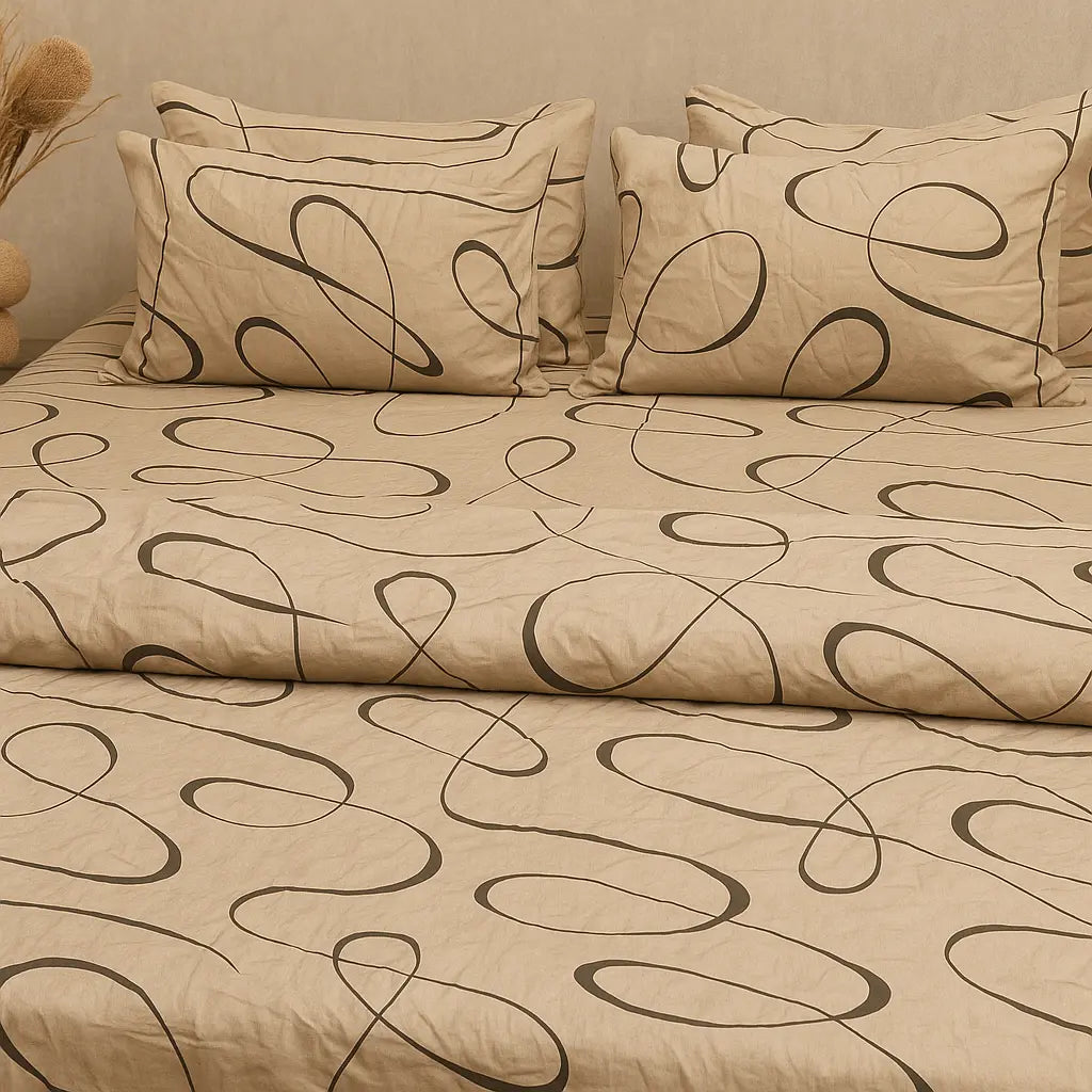 Beige Noir Swirl 100% Pure Cotton Bed Sheet Set – Premium Edition