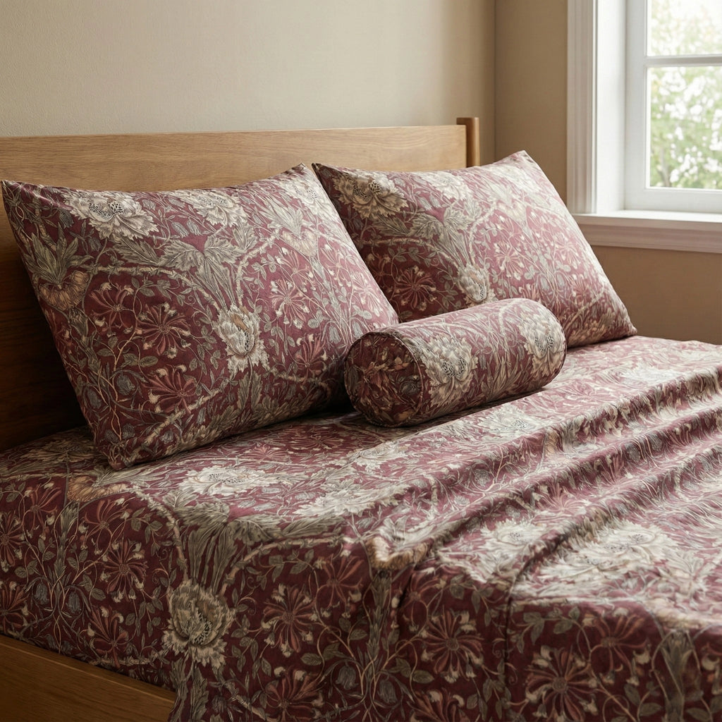 Rich Burgundy Floral Bedding Set – Elegant Botanical Pattern for a Sophisticated Bedroom