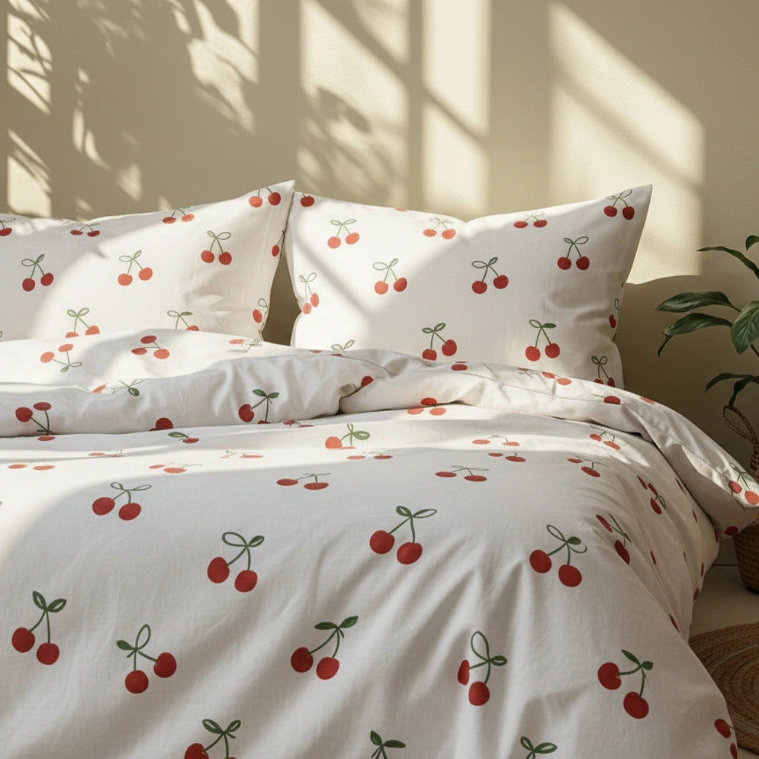 Bedding set with cherry pattern on a neutral background