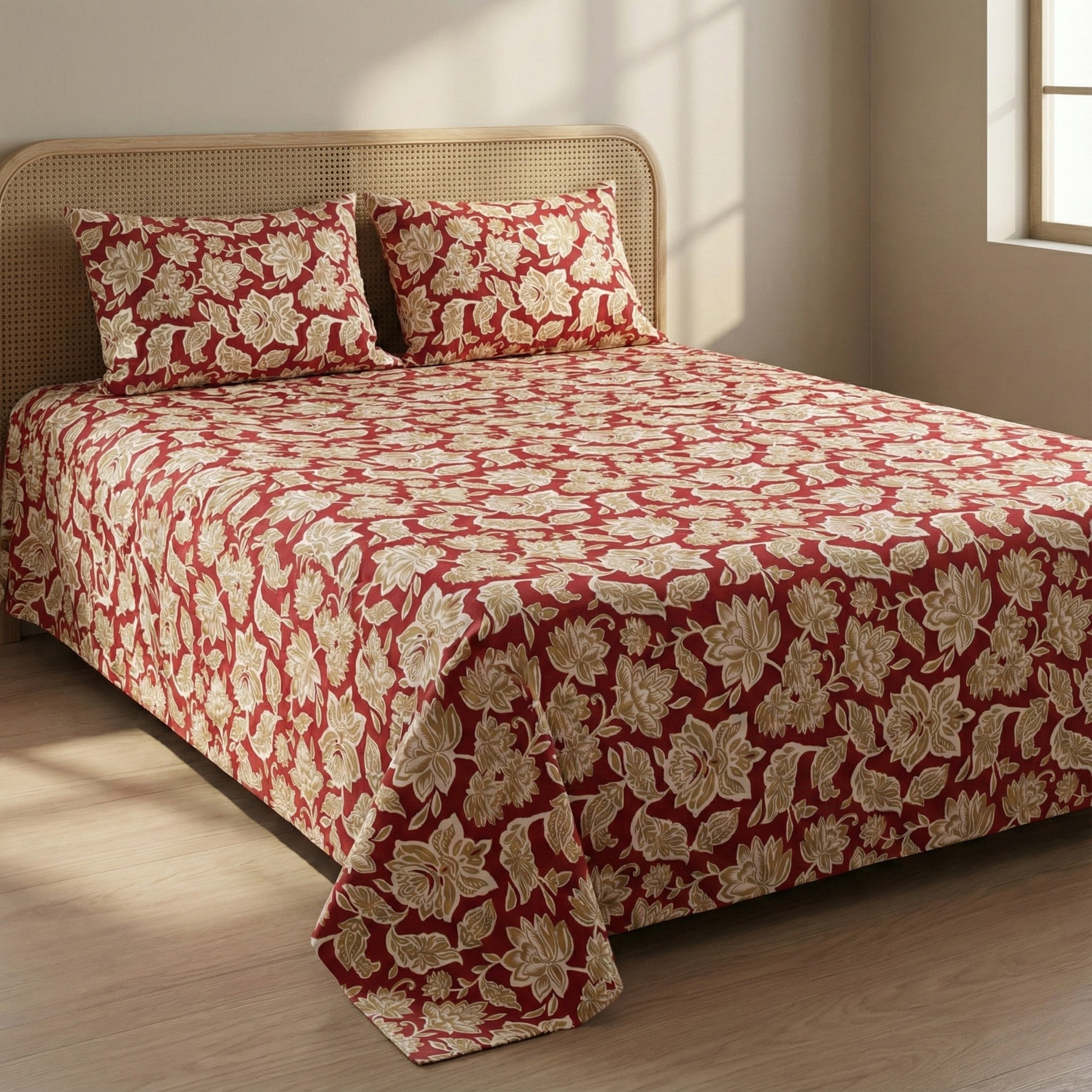 Classic Red and Gold Floral Bedding Set – Premium Cotton Sateen for a Luxurious Bedroom
