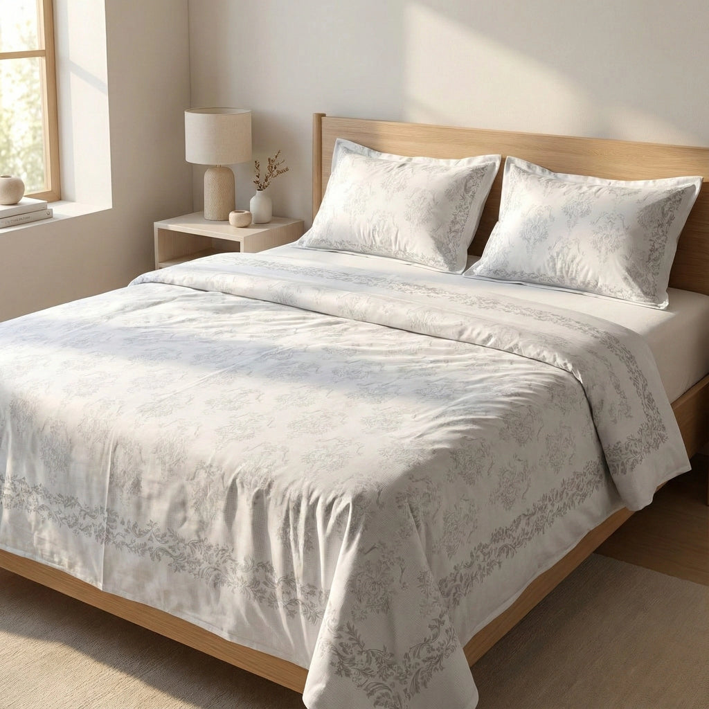 Elegant White & Gray Floral Bedding Set – Classic Damask Design in Percale Cotton (Single & King Sizes)