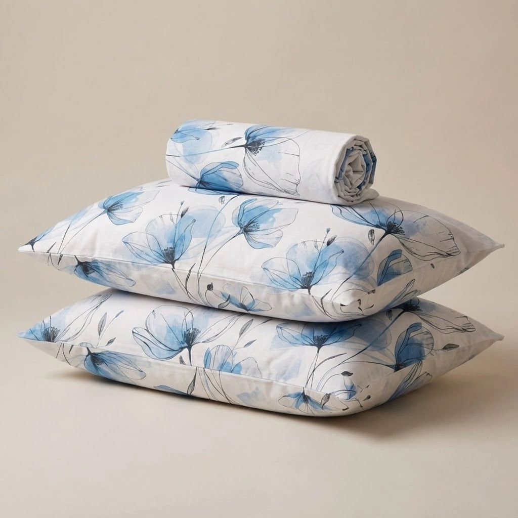 Sky Blossom Cotton Bedding | 1 Sheet & 2 Pillowcases for Elegant Comfort