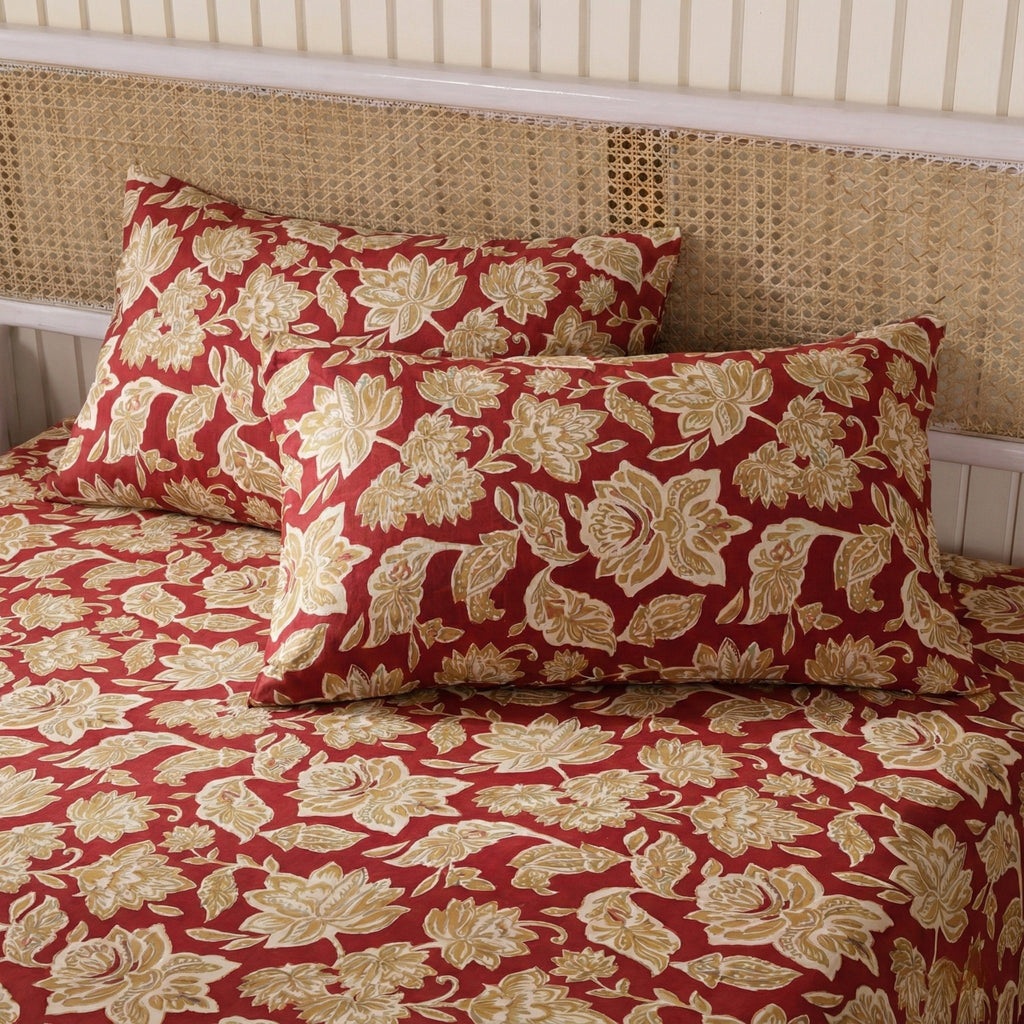 Classic Red and Gold Floral Bedding Set – Premium Cotton Sateen for a Luxurious Bedroom