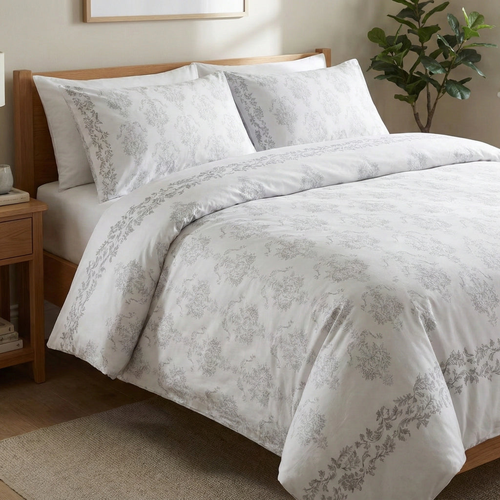 Elegant White & Gray Floral Bedding Set – Classic Damask Design in Percale Cotton (Single & King Sizes)