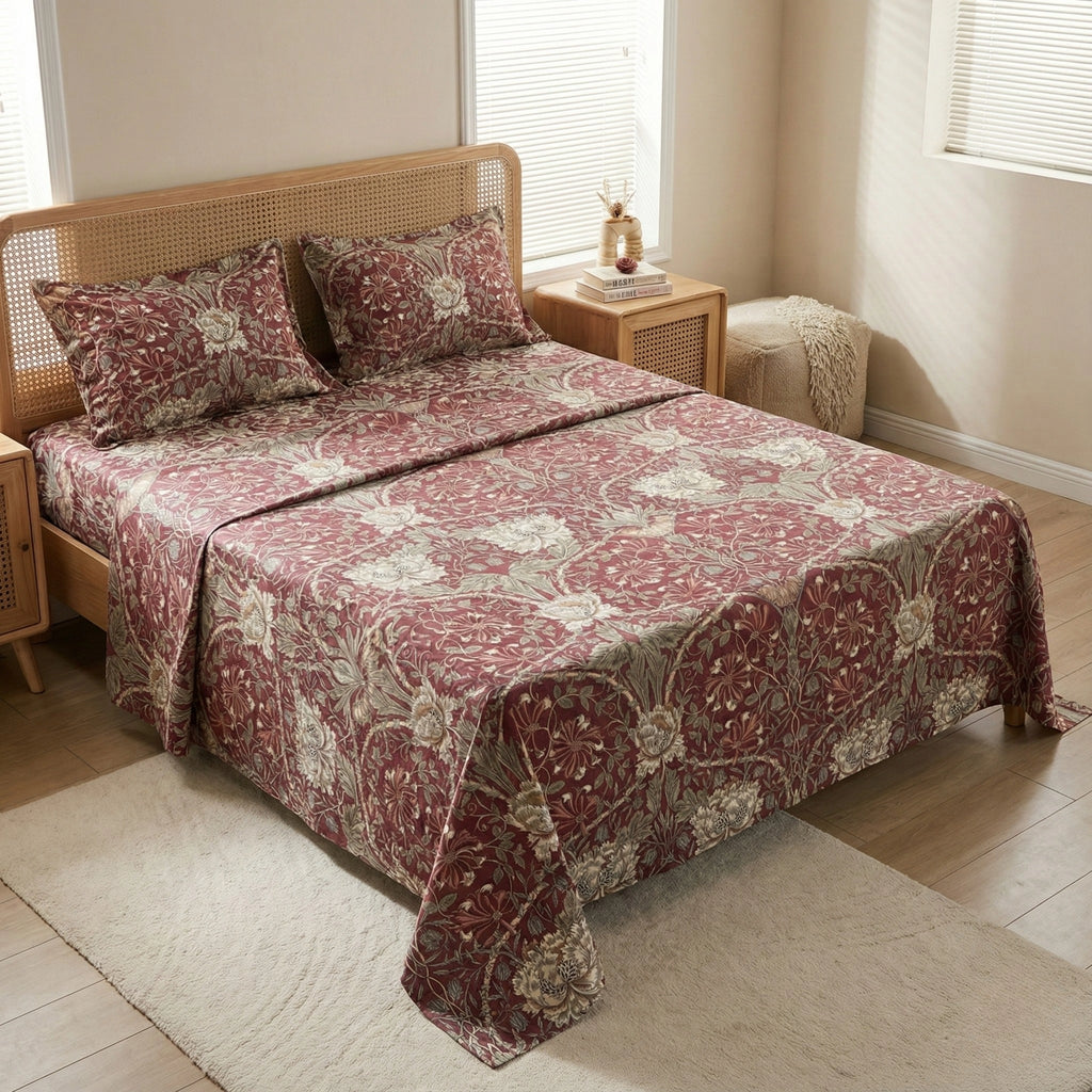 Rich Burgundy Floral Bedding Set – Elegant Botanical Pattern for a Sophisticated Bedroom