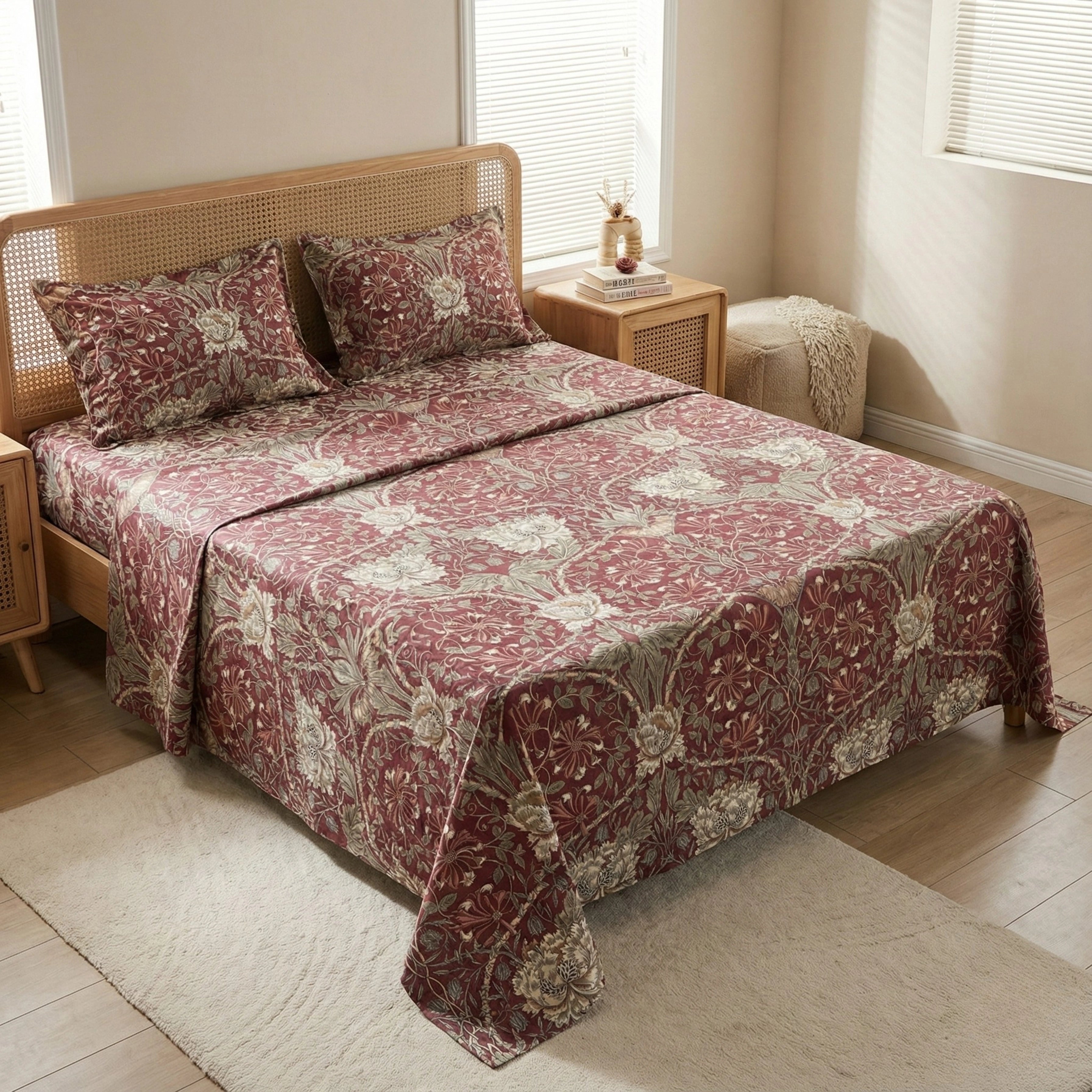 Rich Burgundy Floral Bedding Set – Elegant Botanical Pattern for a Sophisticated Bedroom