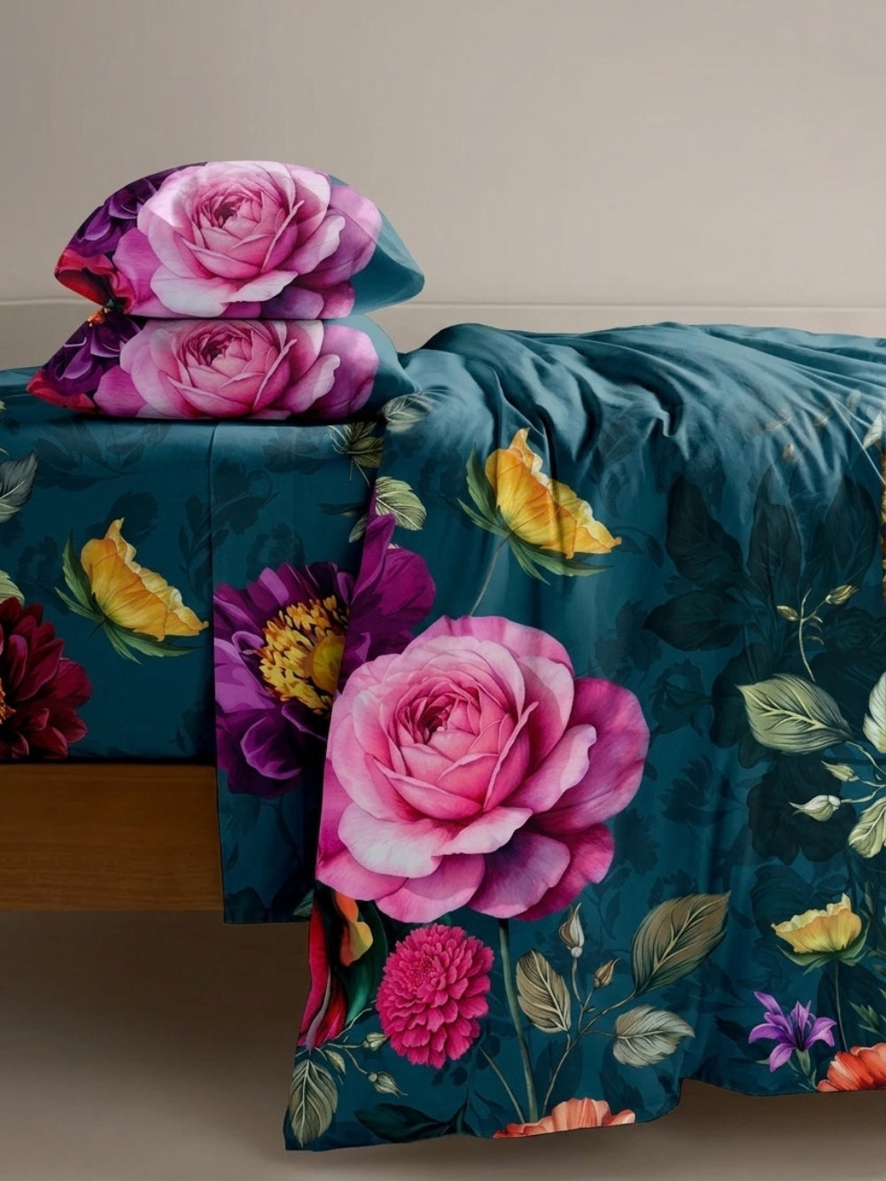Teal Bloom — 3 Piece Bedsheet Set