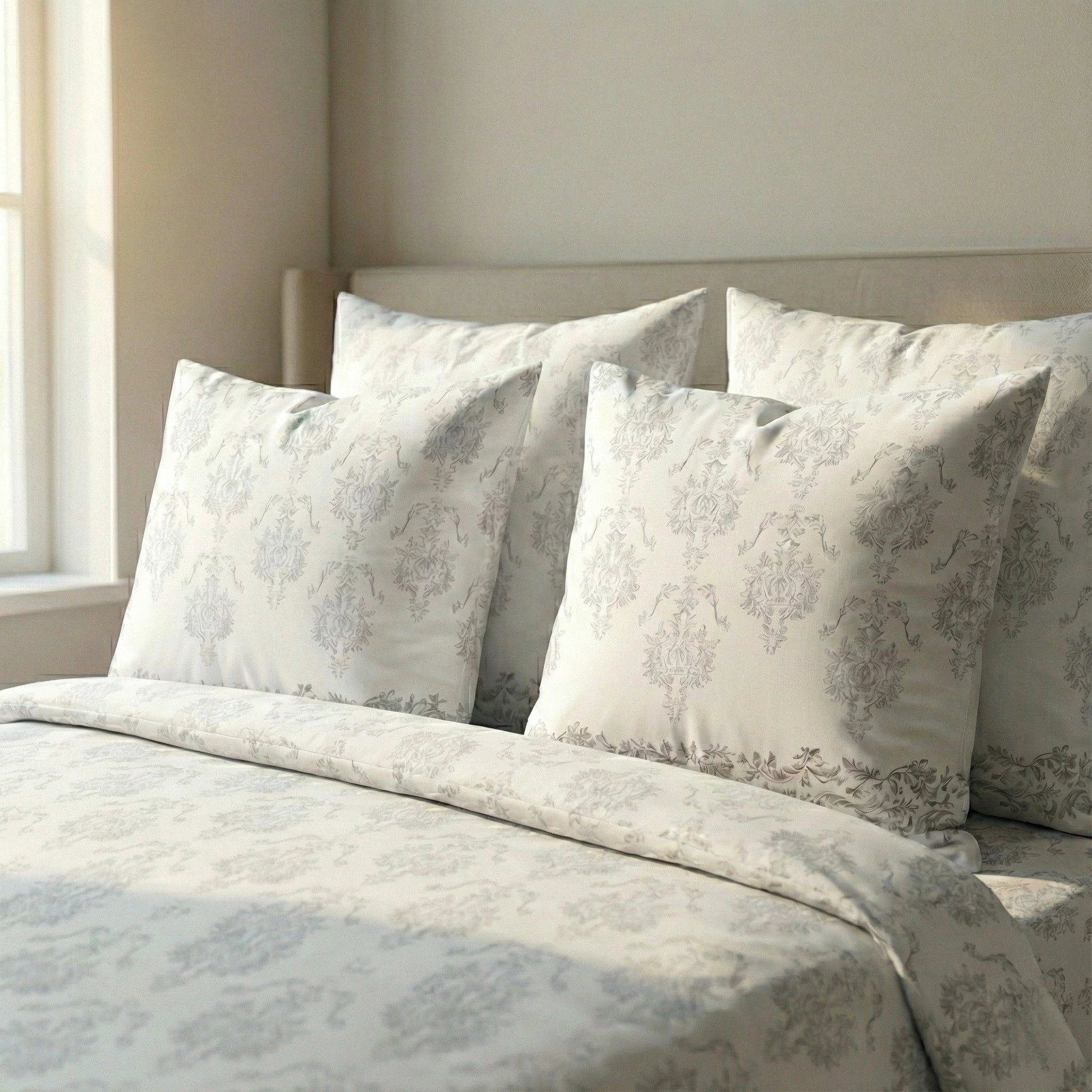 Elegant White & Gray Floral Bedding Set – Classic Damask Design in Percale Cotton (Single & King Sizes)