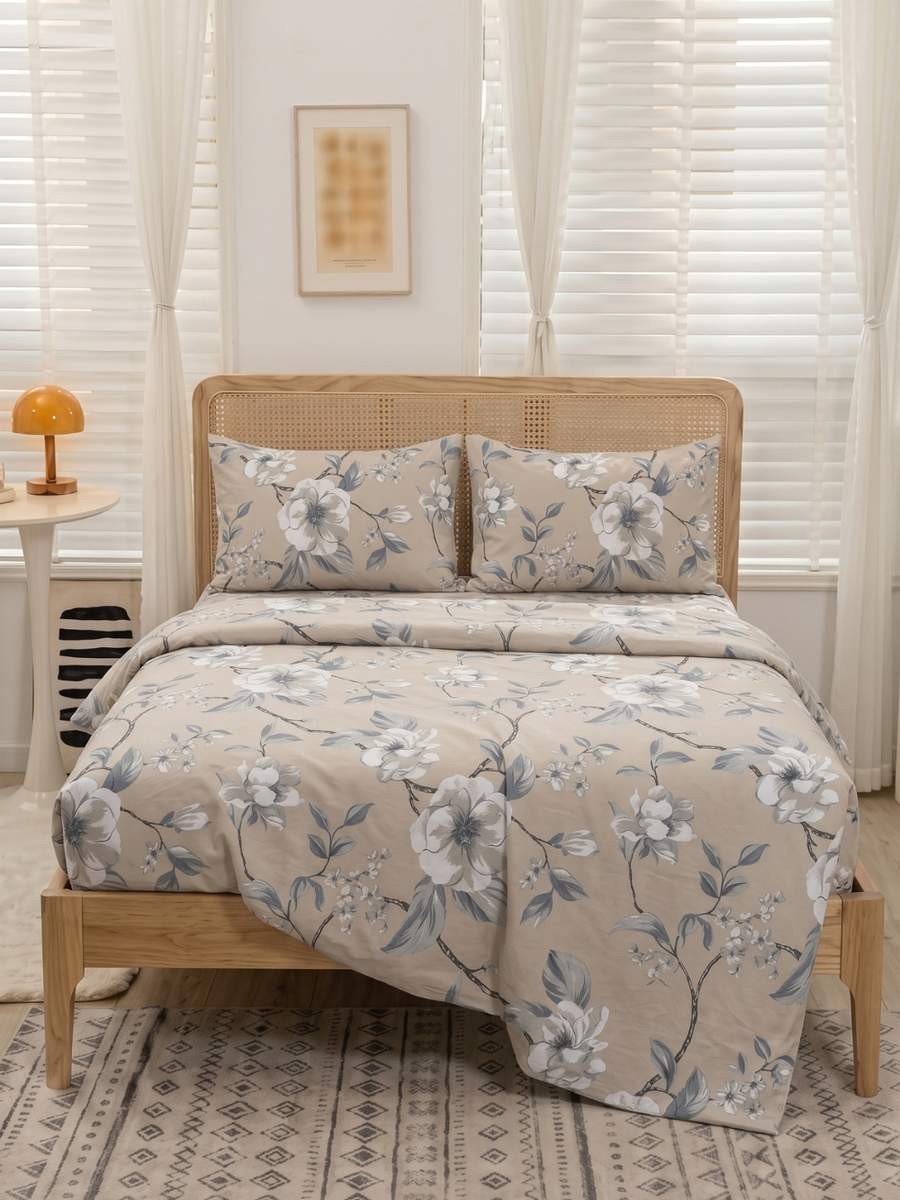 Taupe Blossom — 3 Piece Bedsheet Set