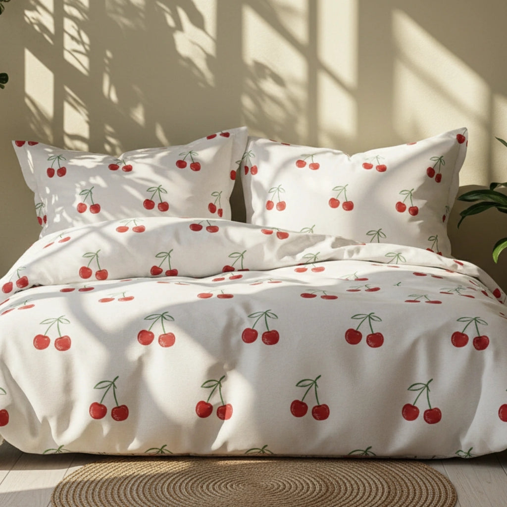 Cherry-patterned bedding set on a bed with sunlight filtering through a window.