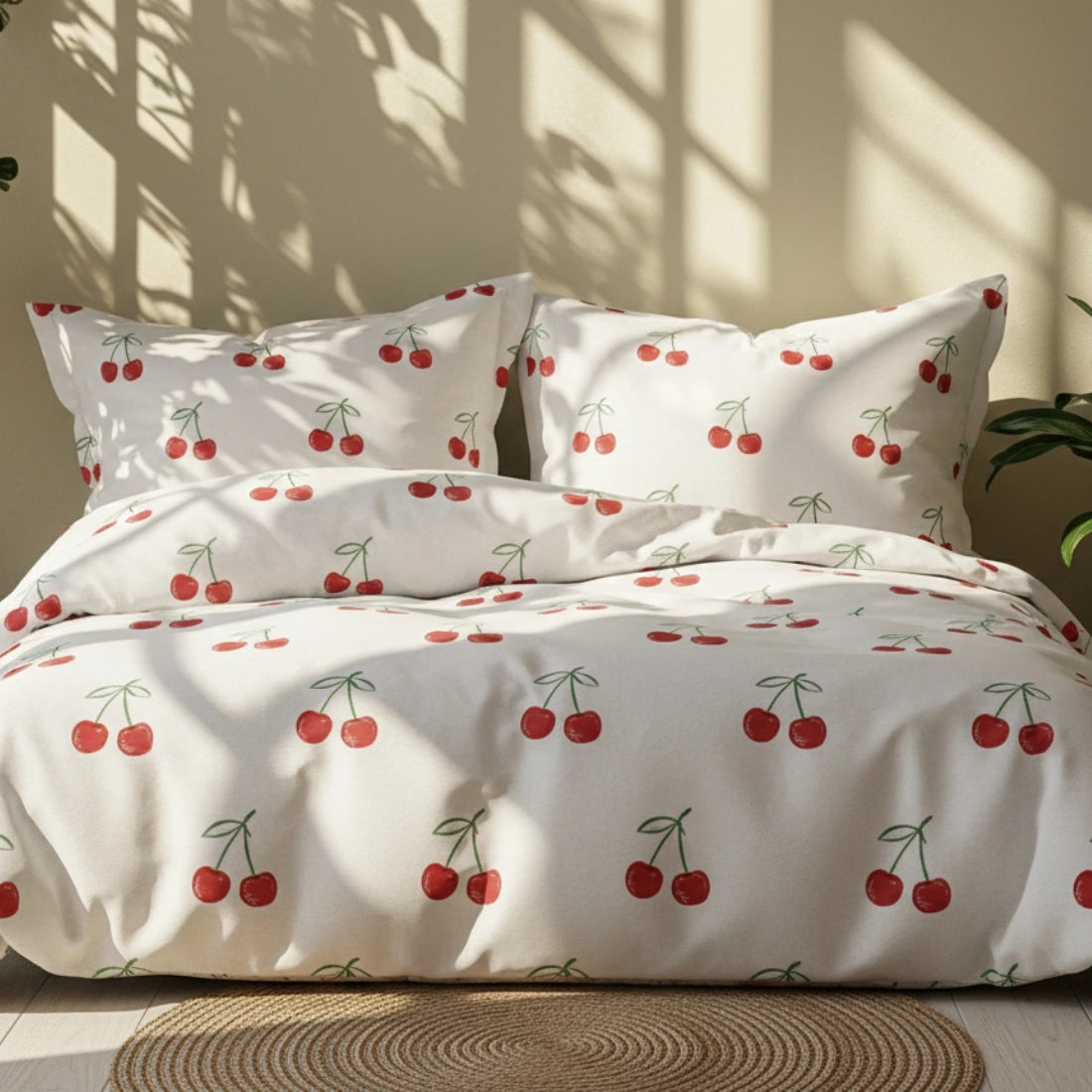 Cherry-patterned bedding set on a bed with sunlight filtering through a window.