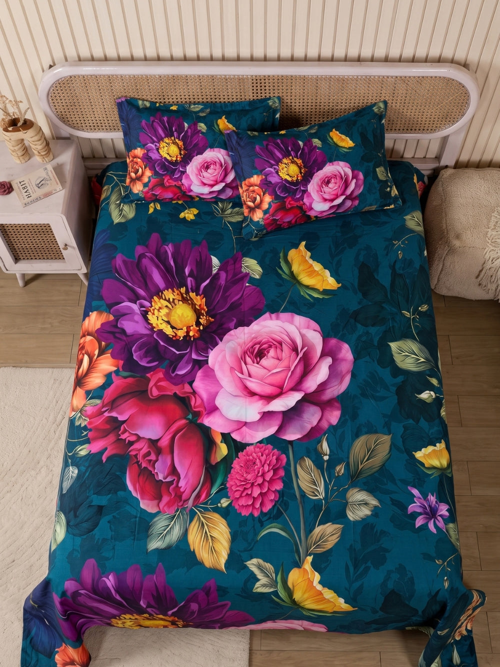 Teal Bloom — 3 Piece Bedsheet Set