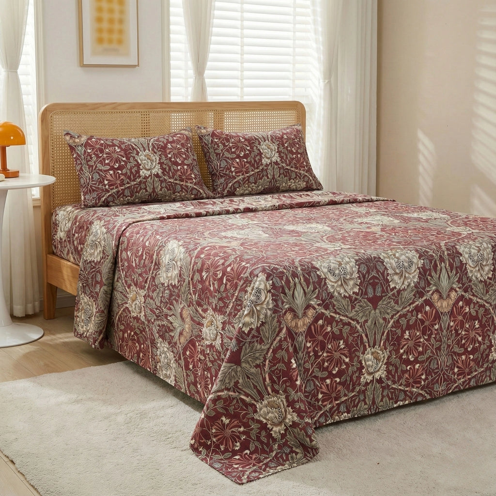 Rich Burgundy Floral Bedding Set – Elegant Botanical Pattern for a Sophisticated Bedroom