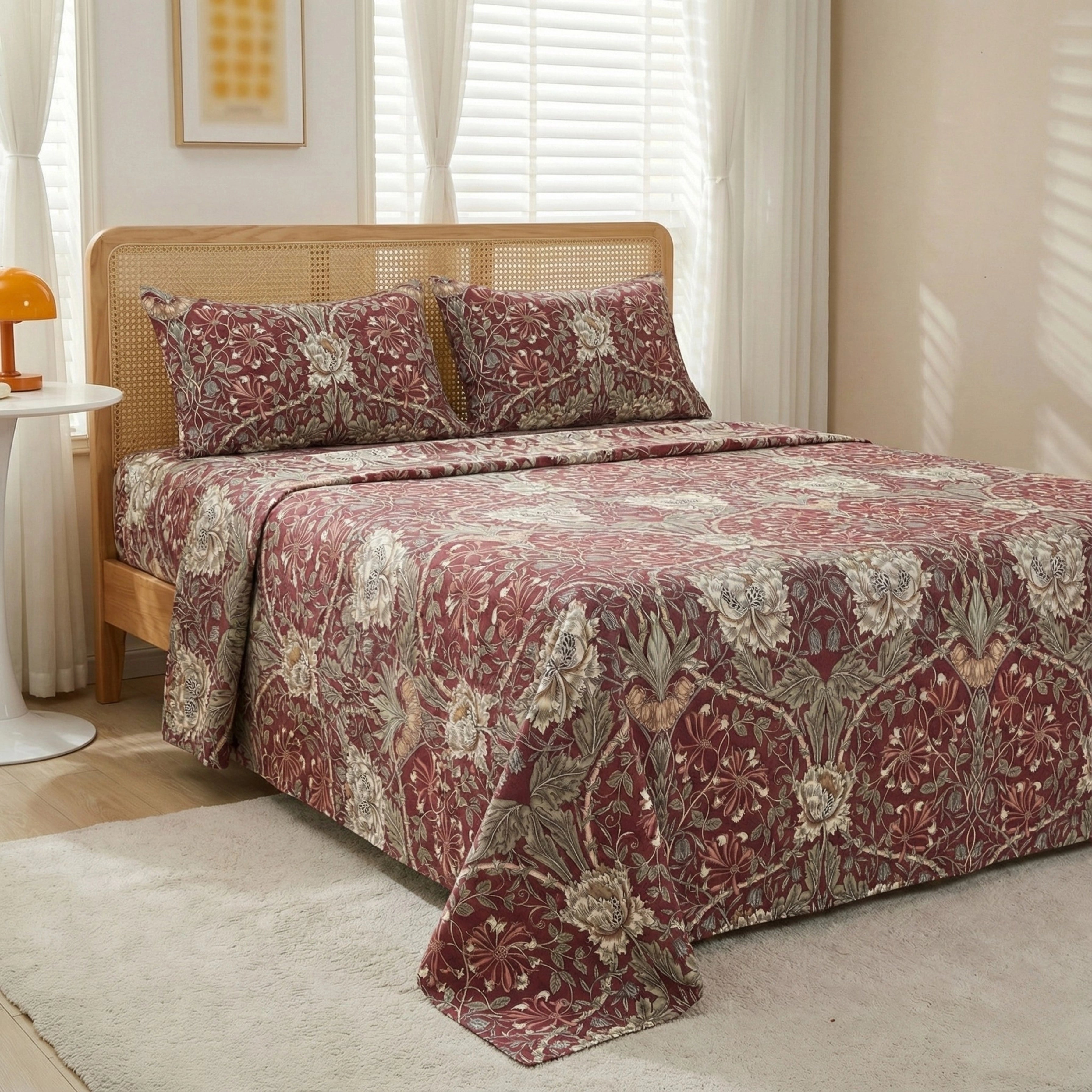 Rich Burgundy Floral Bedding Set – Elegant Botanical Pattern for a Sophisticated Bedroom