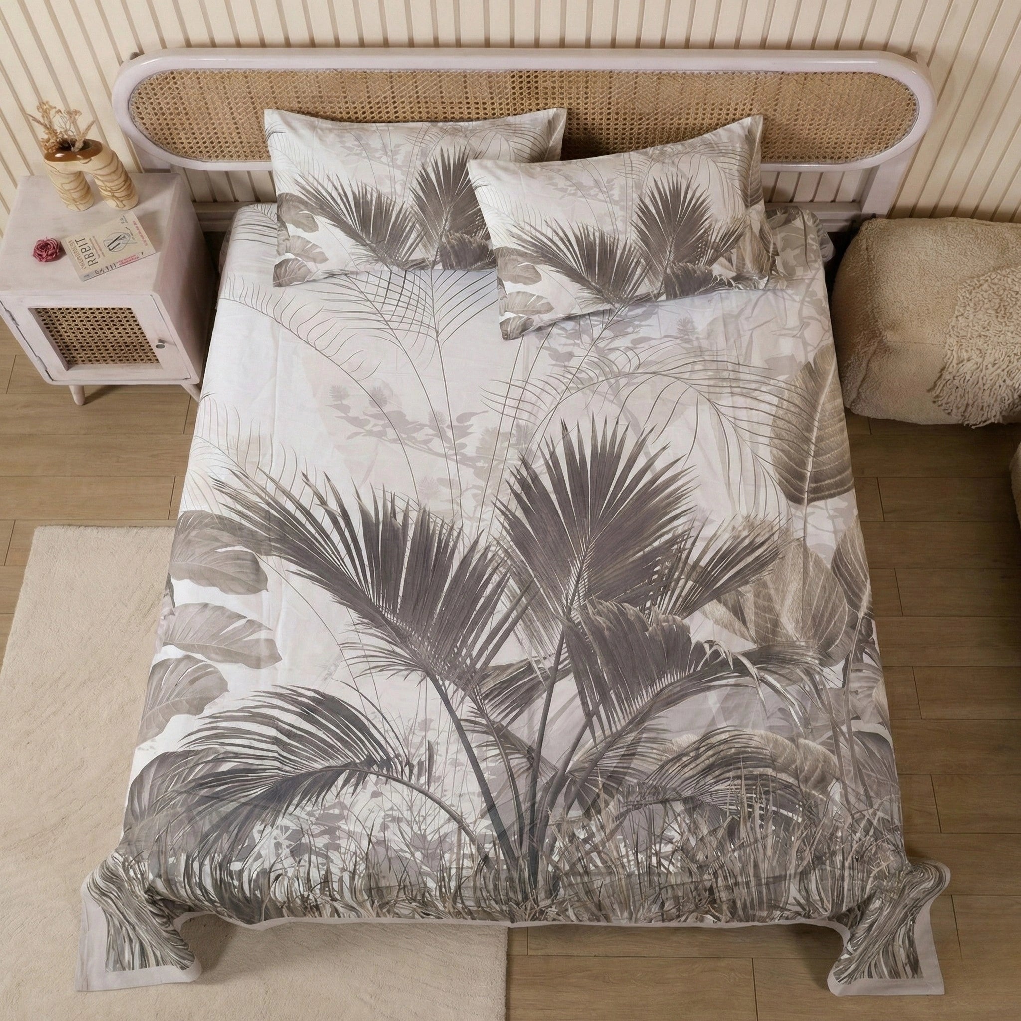 Beige Botanical Cotton Sateen Bedsheet Set – Smooth & Luxurious Feel