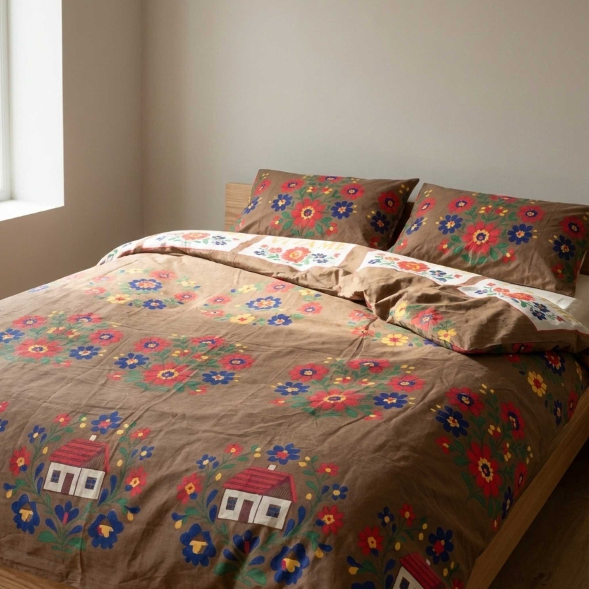 Bed with floral and house-patterned bedding in a room with a window.