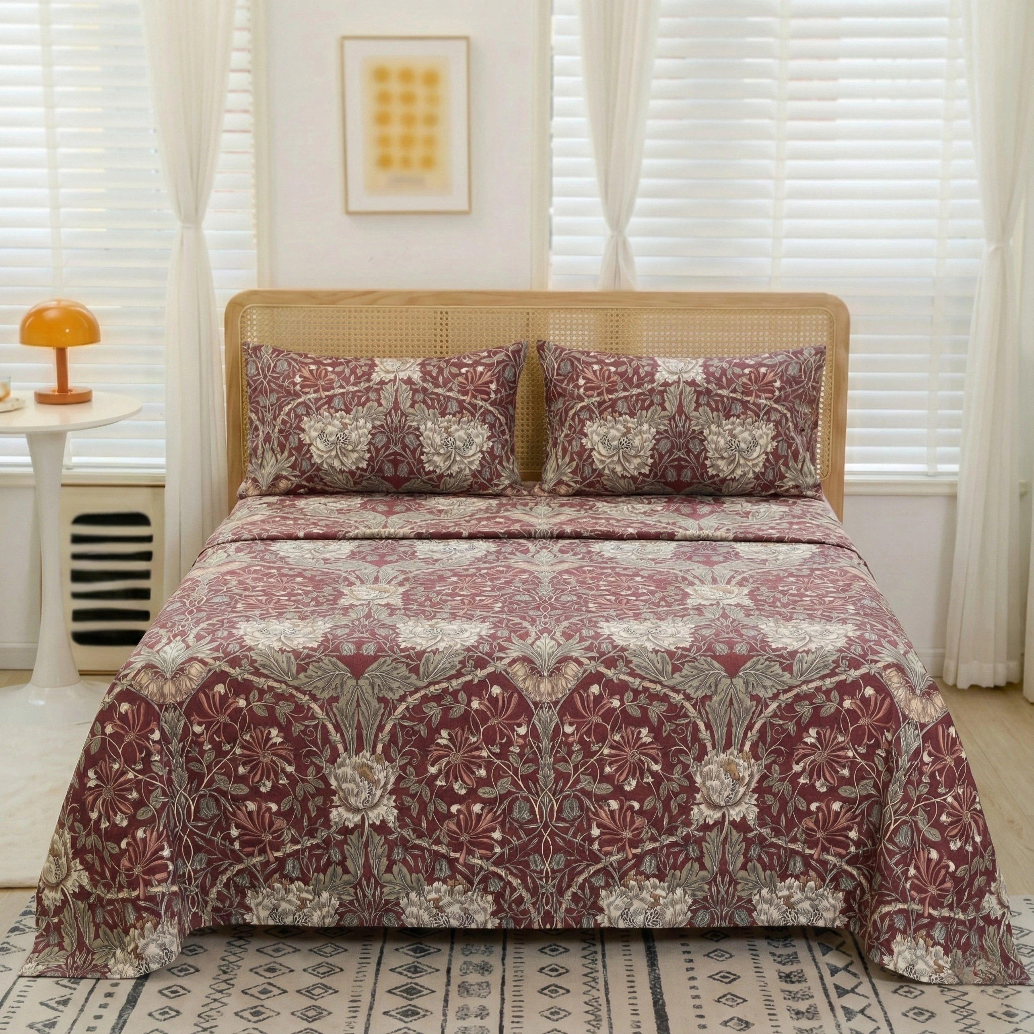 Bed with floral patterned bedding in a bedroom setting