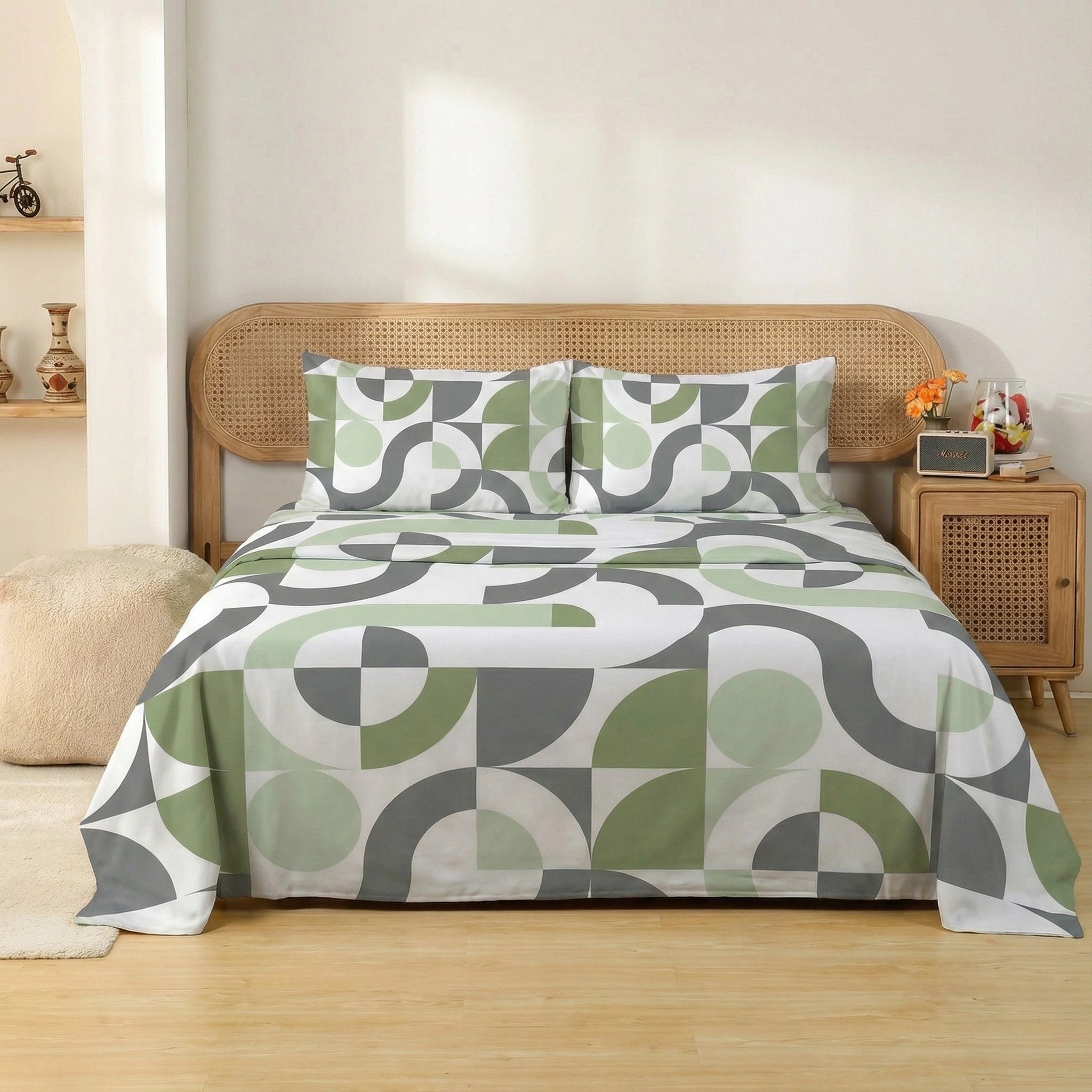 Bed with geometric patterned comforter in a bedroom setting