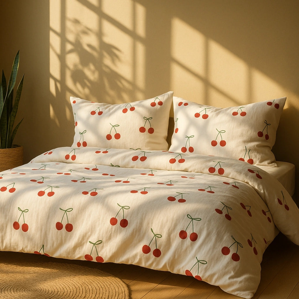 Bedding set with cherry pattern on a bed in a room with sunlight filtering through a window.