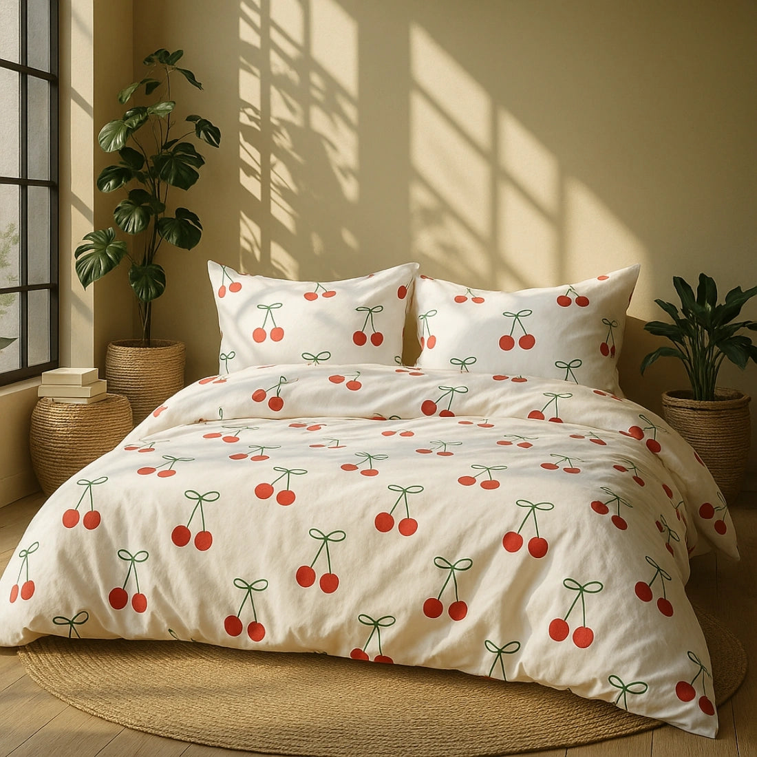 Cherry-patterned bedding set on a bed with a neutral background