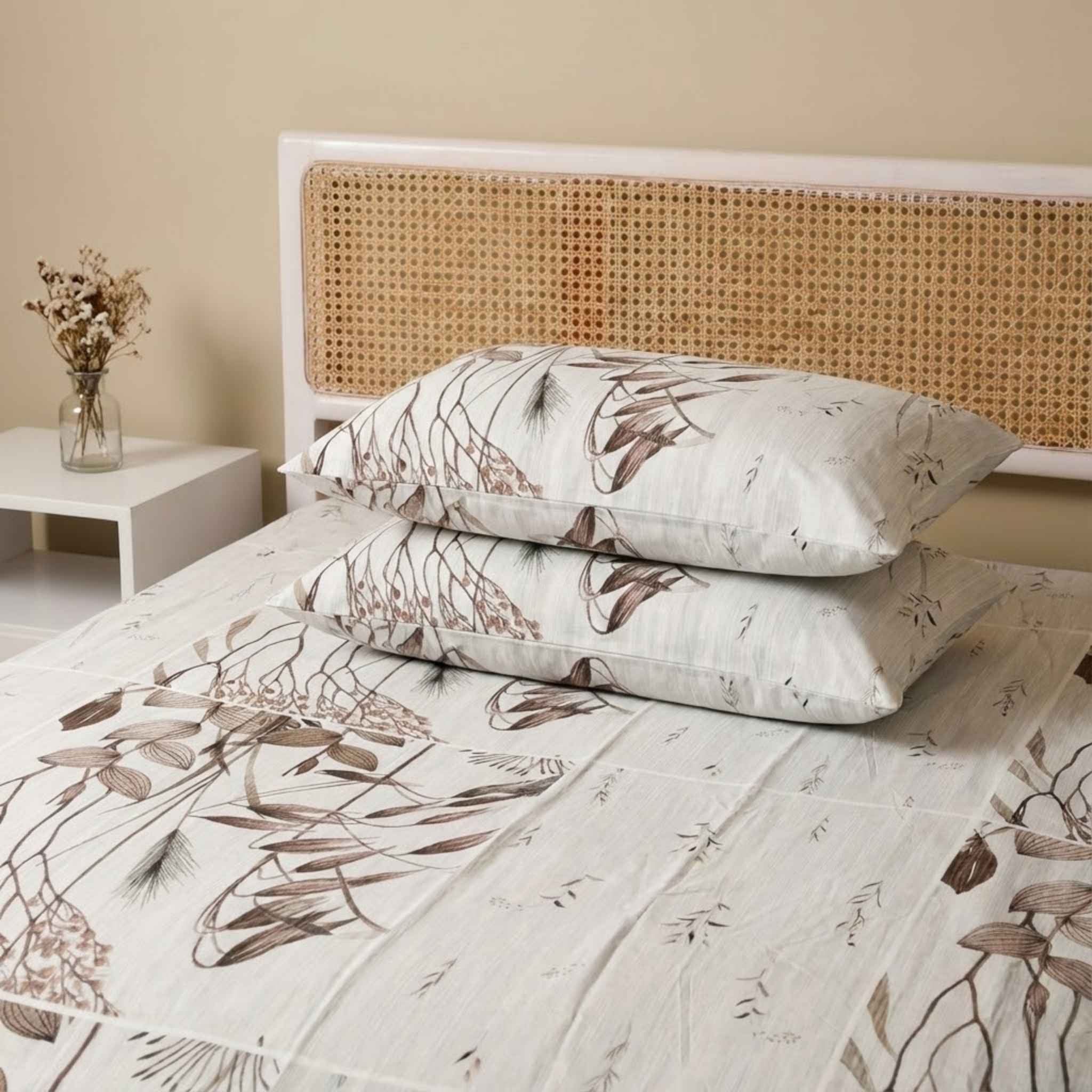 Floral-patterned bedding set on a bed with a wicker headboard.