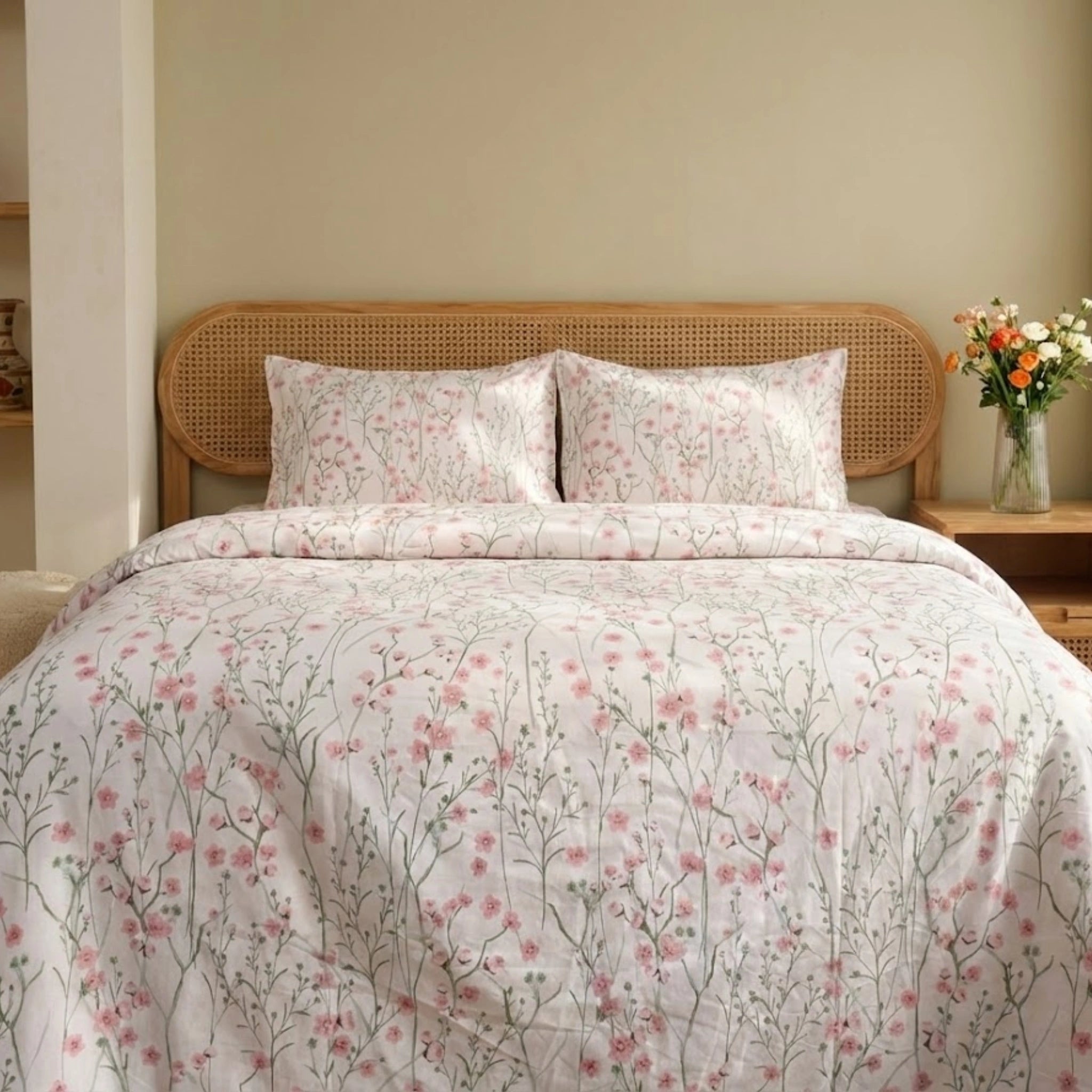Floral bedding set on a bed with a wooden headboard in a bedroom setting.
