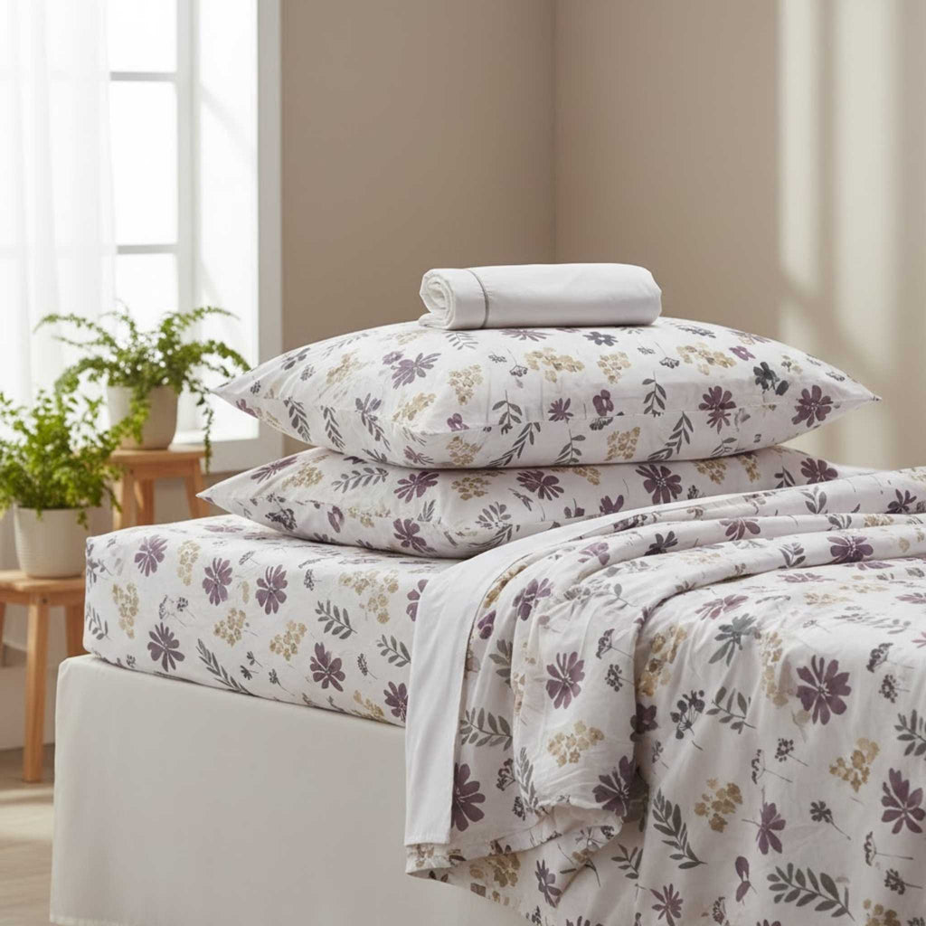 Floral bedding set on a bed with pillows and a towel in a bedroom setting.