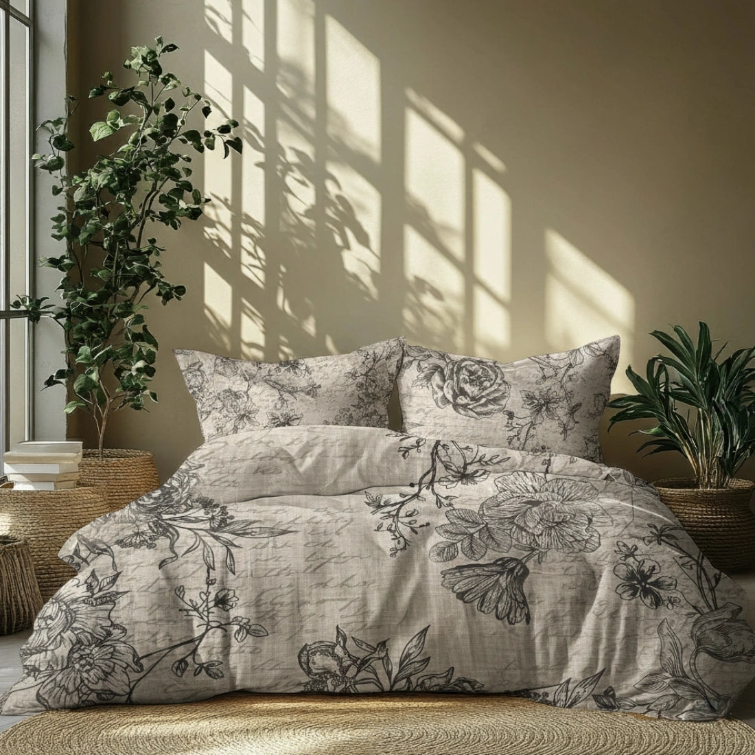 Floral bedding set on a bed with plants and sunlight casting shadows.