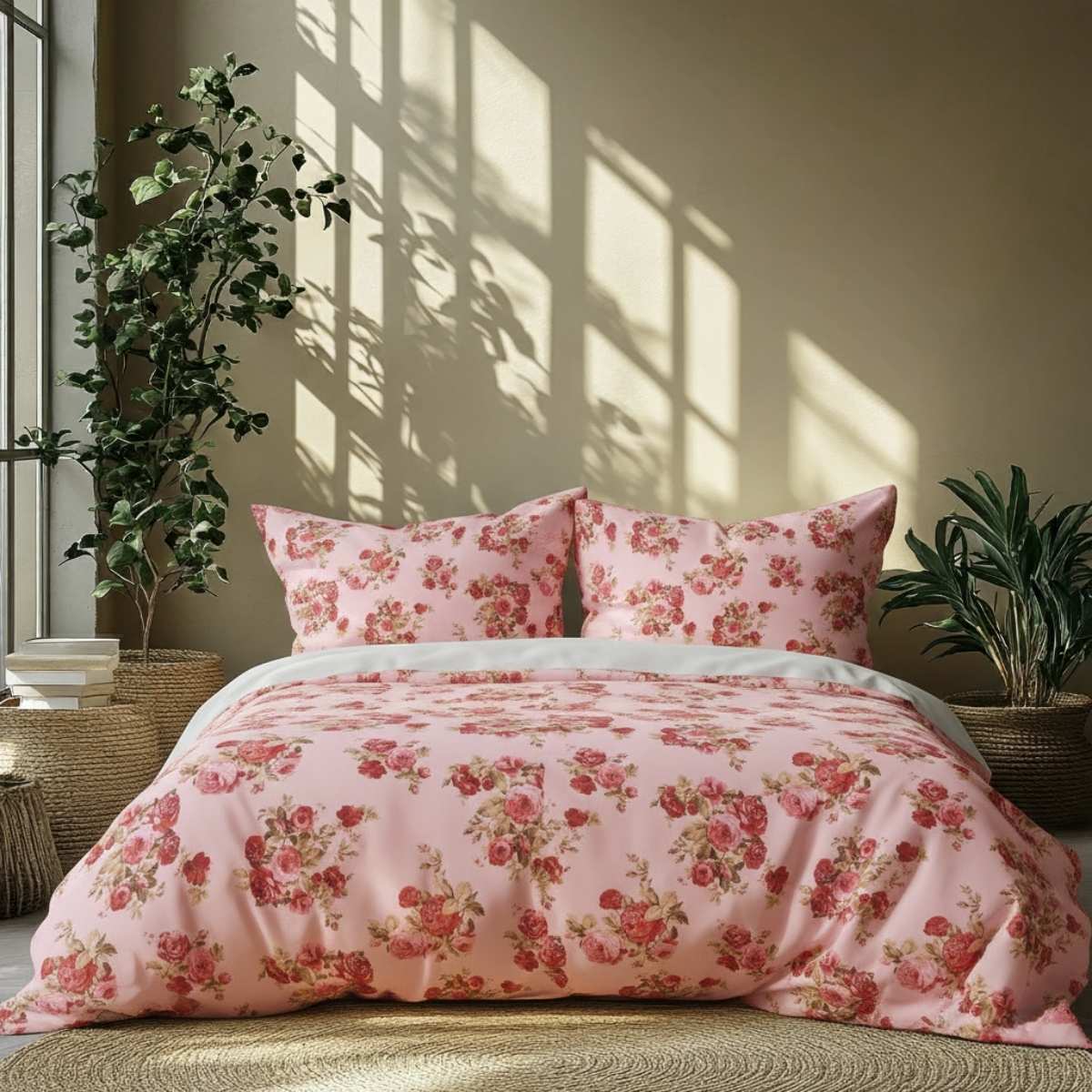 Floral bedding set on a bed with plants and sunlight casting shadows on the wall.