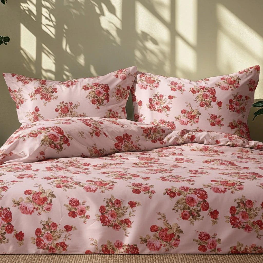 Floral bedding set with pink and red flowers on a bed.