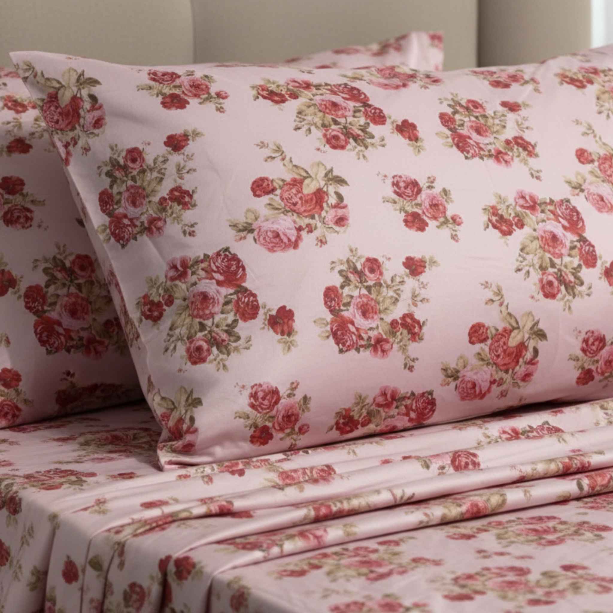 Floral patterned bed sheets and pillowcases on a bed.