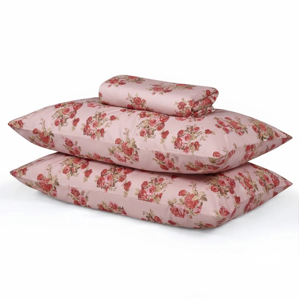 Floral patterned bed sheets and pillowcases on a bed.