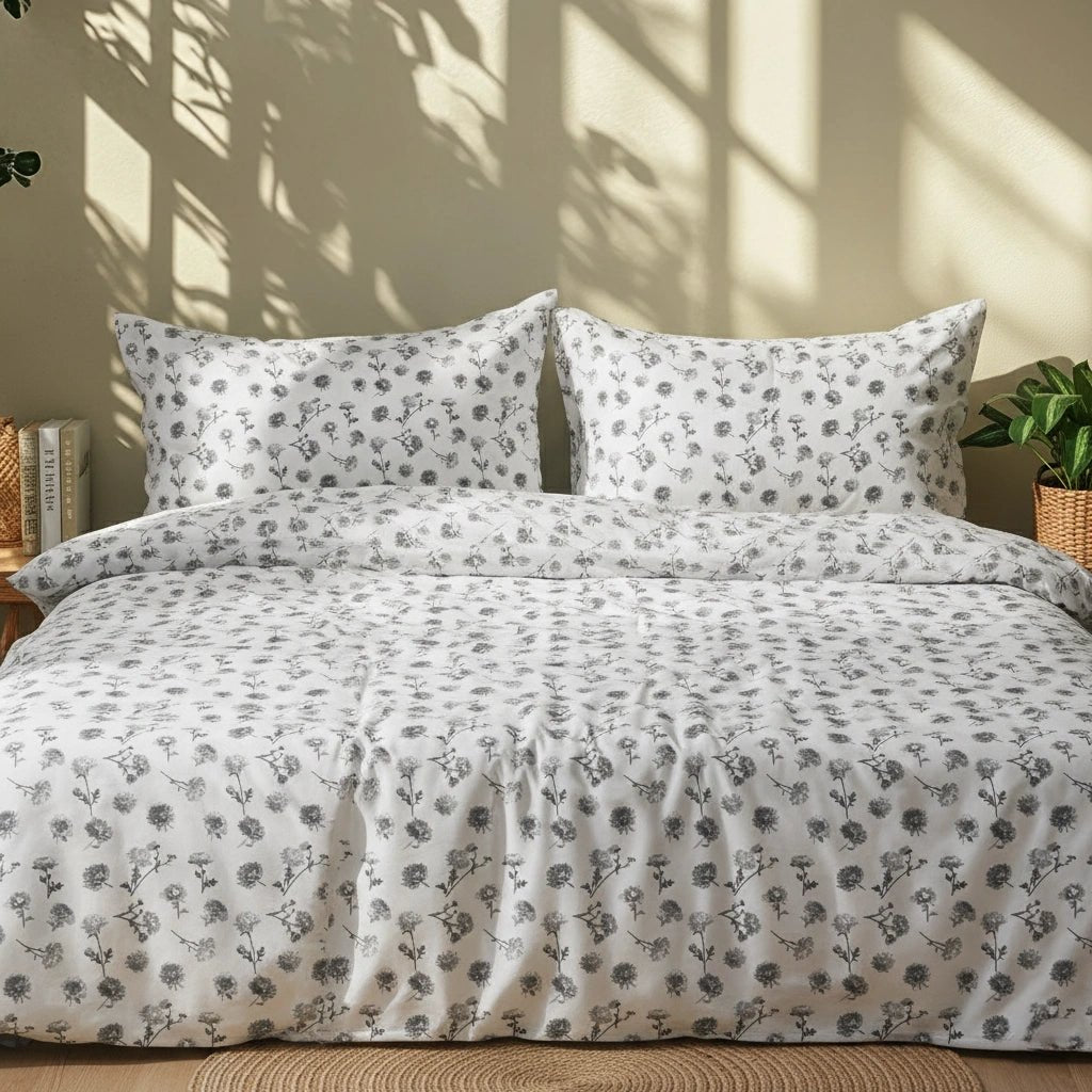 Floral patterned bedding set on a bed with a neutral background