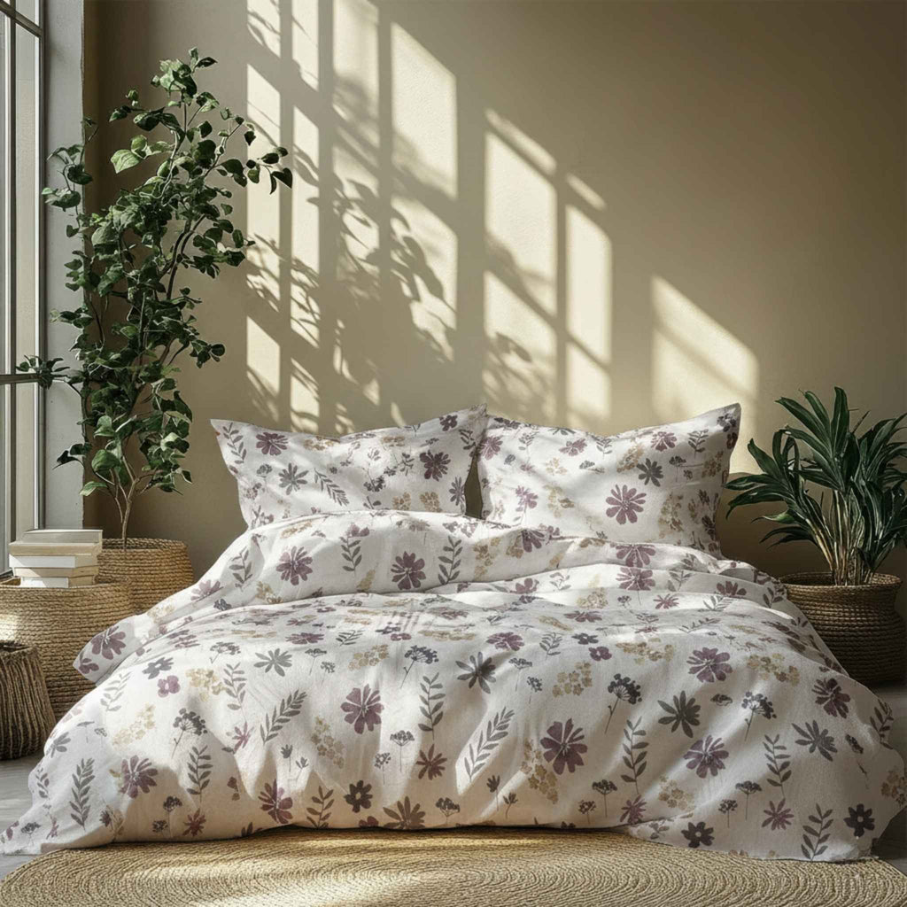 Floral patterned bedding set on a bed with plants and sunlight casting shadows on the wall.
