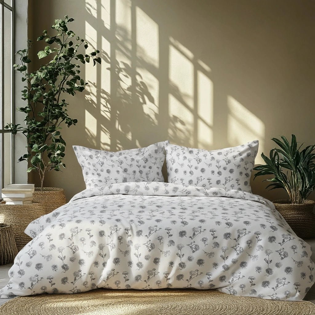 Floral patterned bedding set on a bed with plants and sunlight casting shadows on the wall.